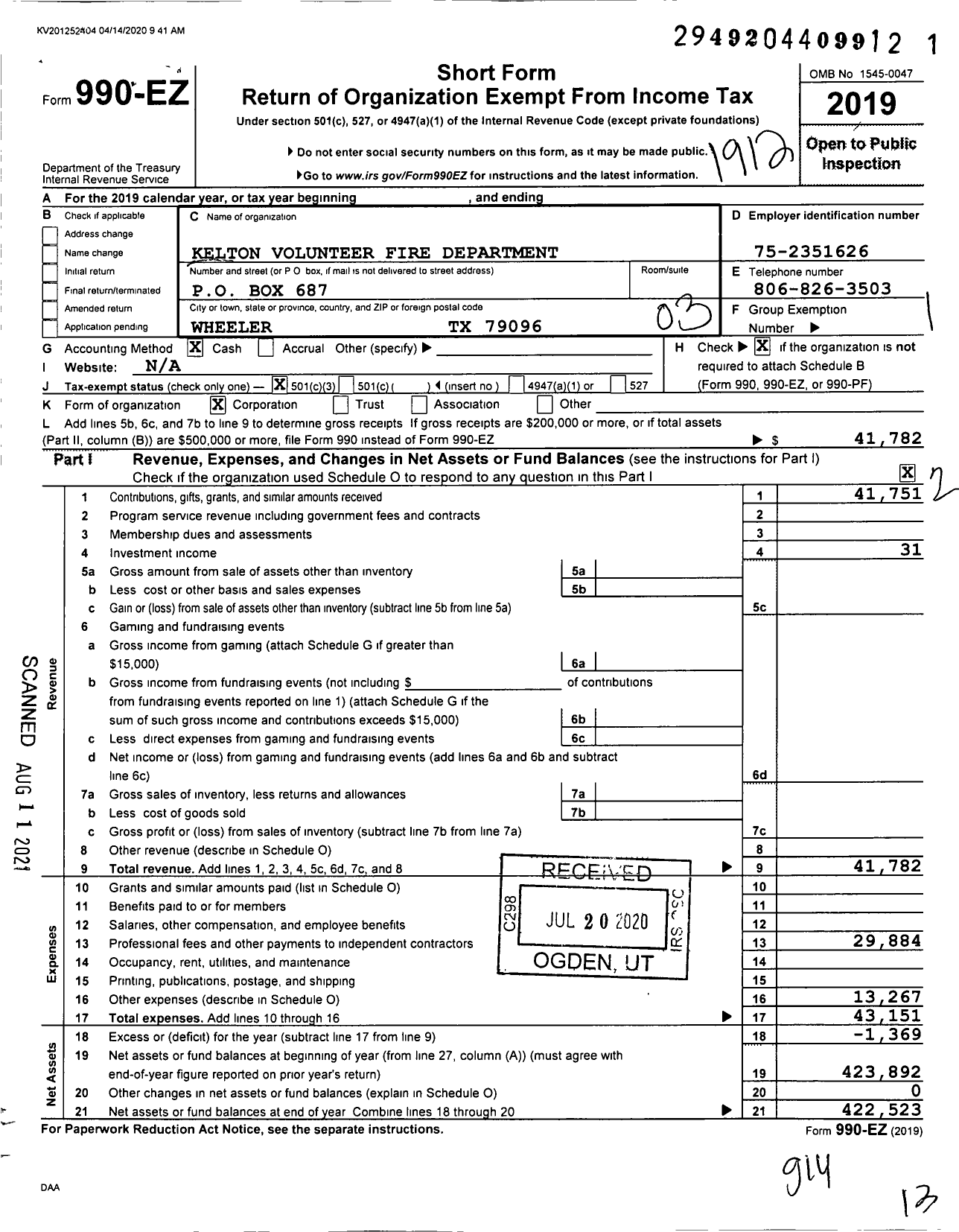 Image of first page of 2019 Form 990EZ for Kelton Volunteer Fire Department