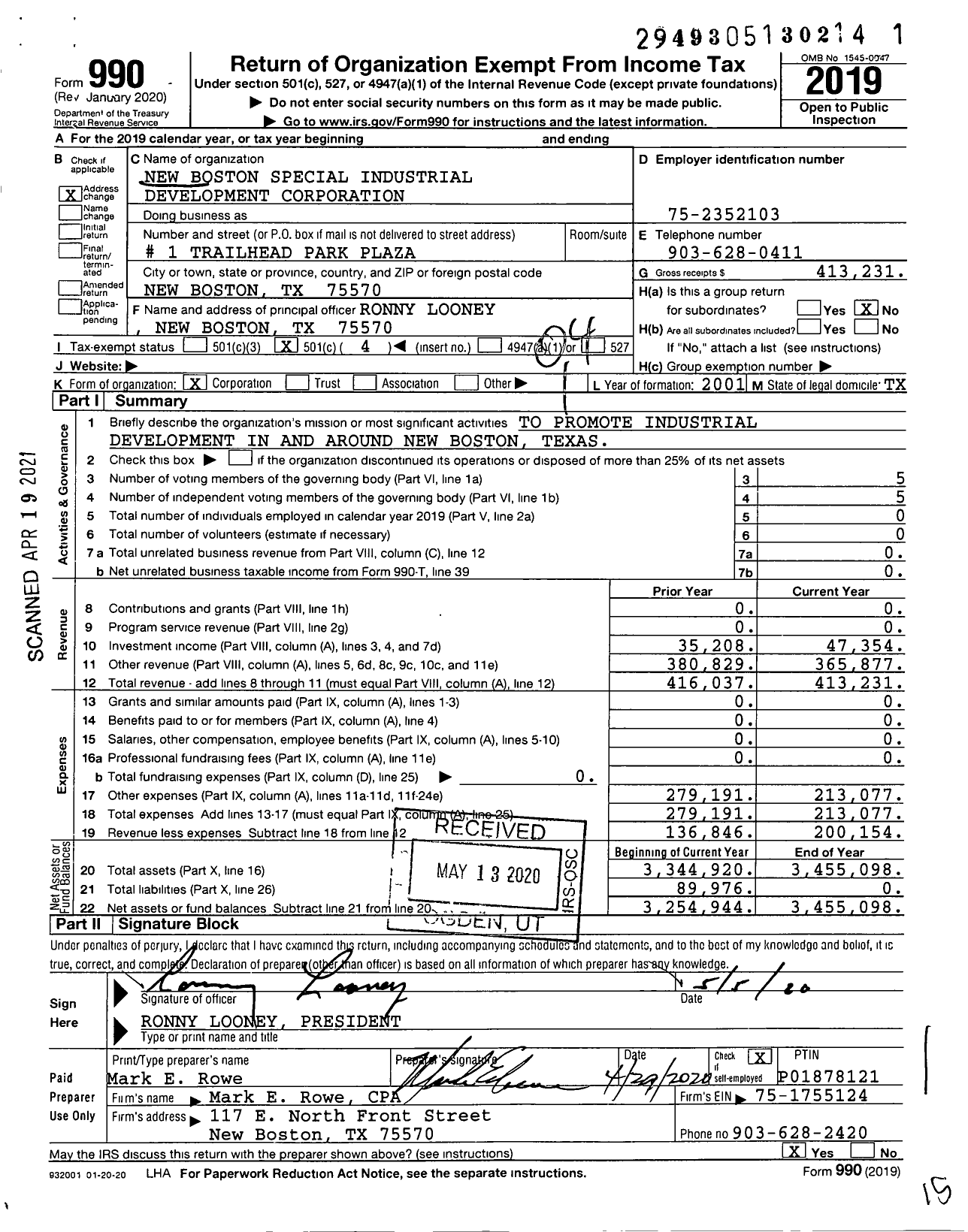 Image of first page of 2019 Form 990O for New Boston Special Industrial Development Corporation