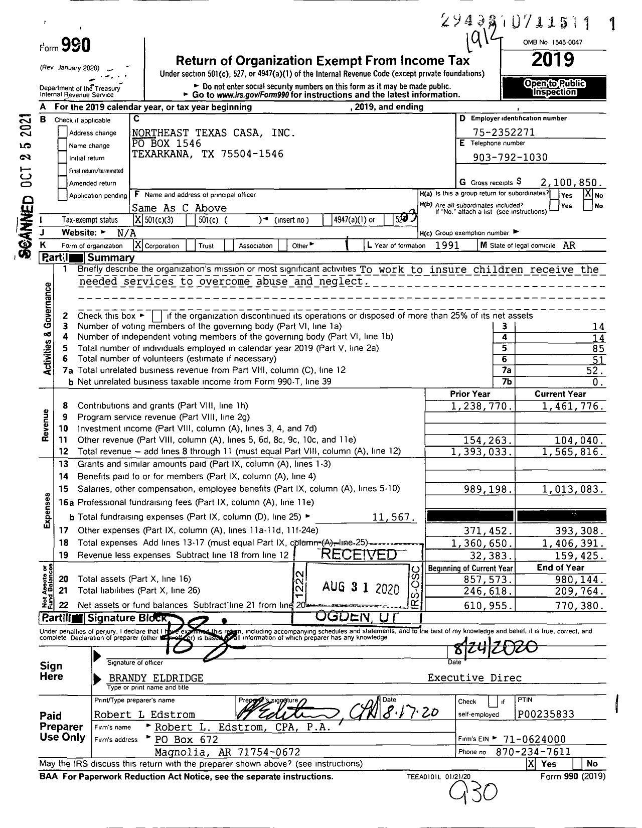 Image of first page of 2019 Form 990 for Northeast Texas Casa