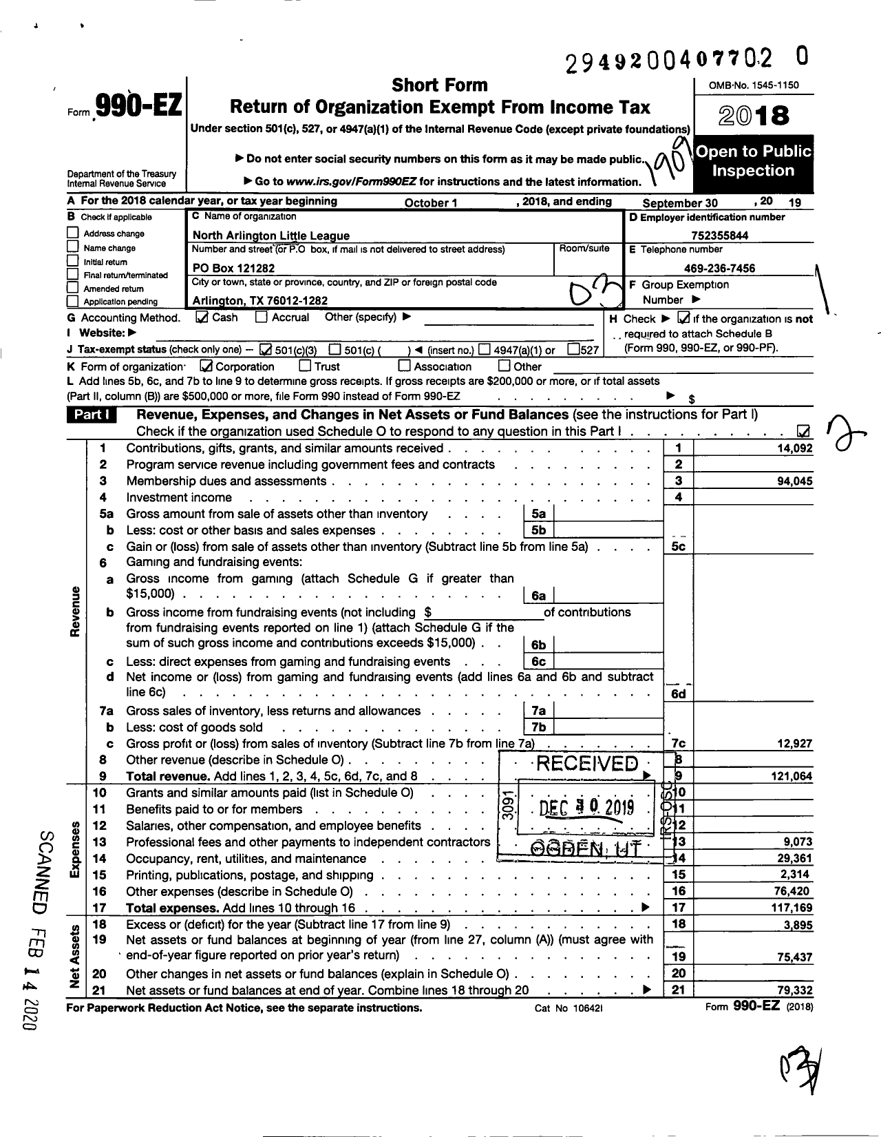 Image of first page of 2018 Form 990EZ for Little League Baseball - 3430706 North Arlington LL