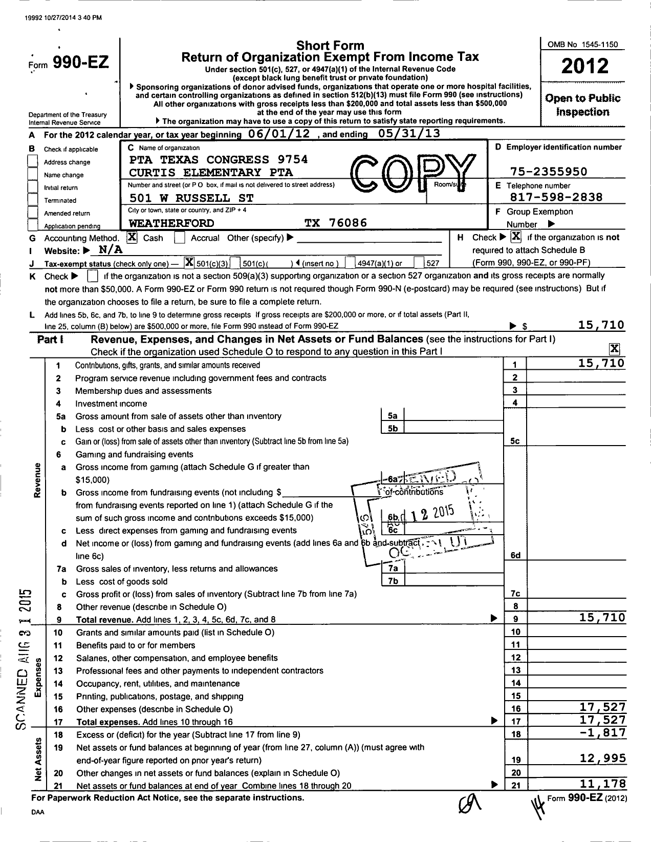 Image of first page of 2012 Form 990EZ for PTA Texas Congress