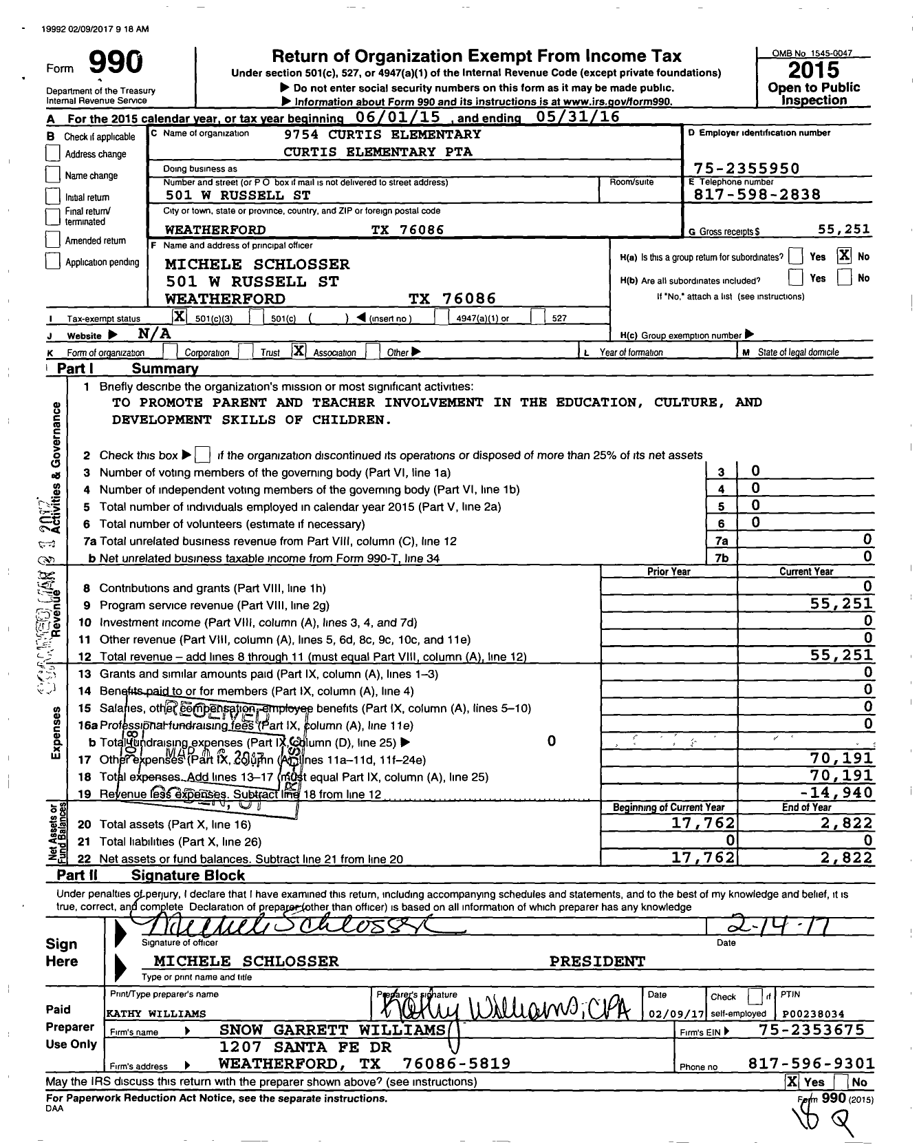 Image of first page of 2015 Form 990 for PTA Texas Congress