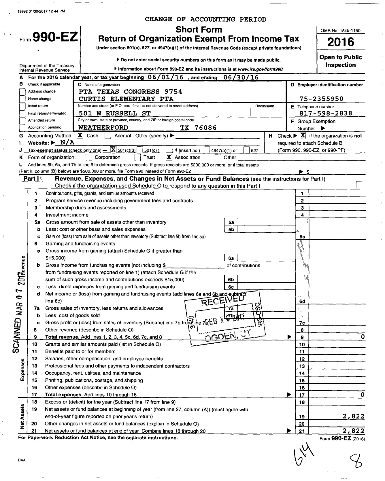 Image of first page of 2015 Form 990EZ for PTA Texas Congress