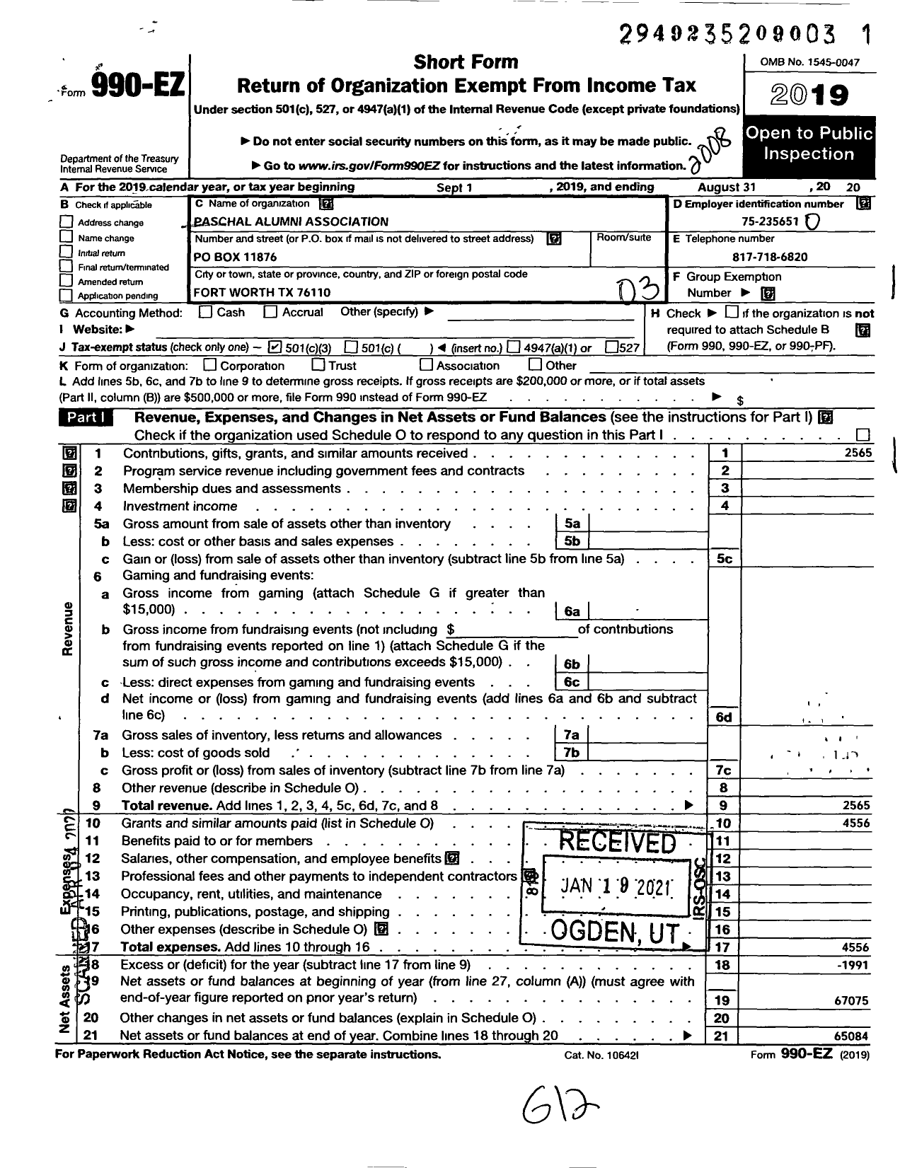 Image of first page of 2019 Form 990EZ for Paschal Alumni Association