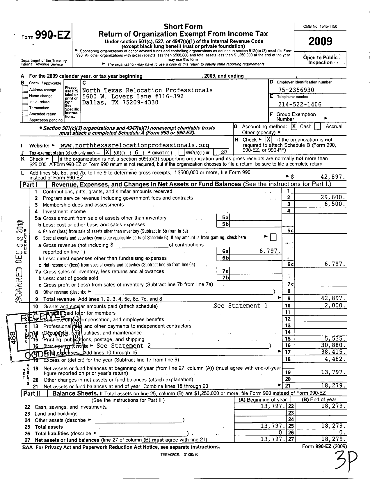 Image of first page of 2009 Form 990EO for North Texas Relocation Professionals