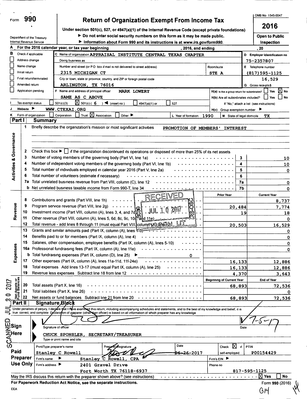 Image of first page of 2016 Form 990O for Appraisal Institute / Central Texas Chapter