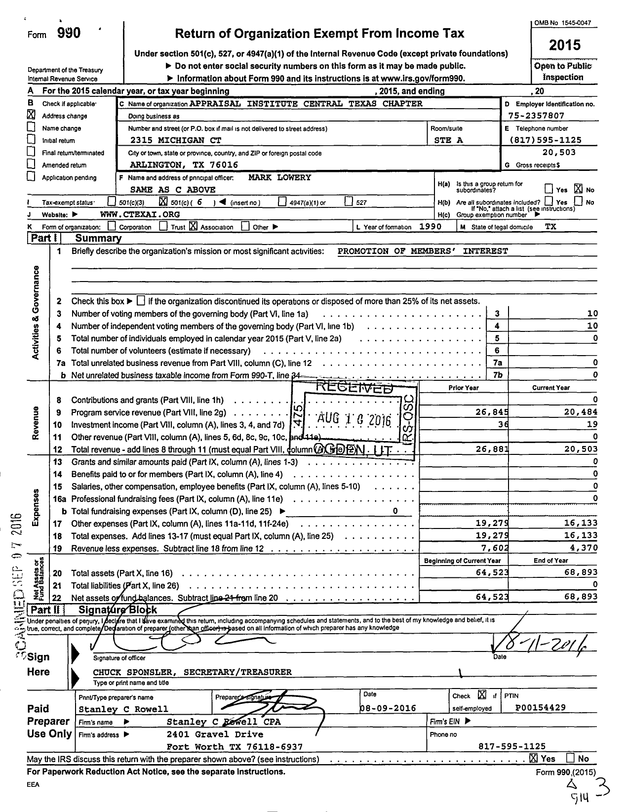 Image of first page of 2015 Form 990O for Appraisal Institute / Central Texas Chapter