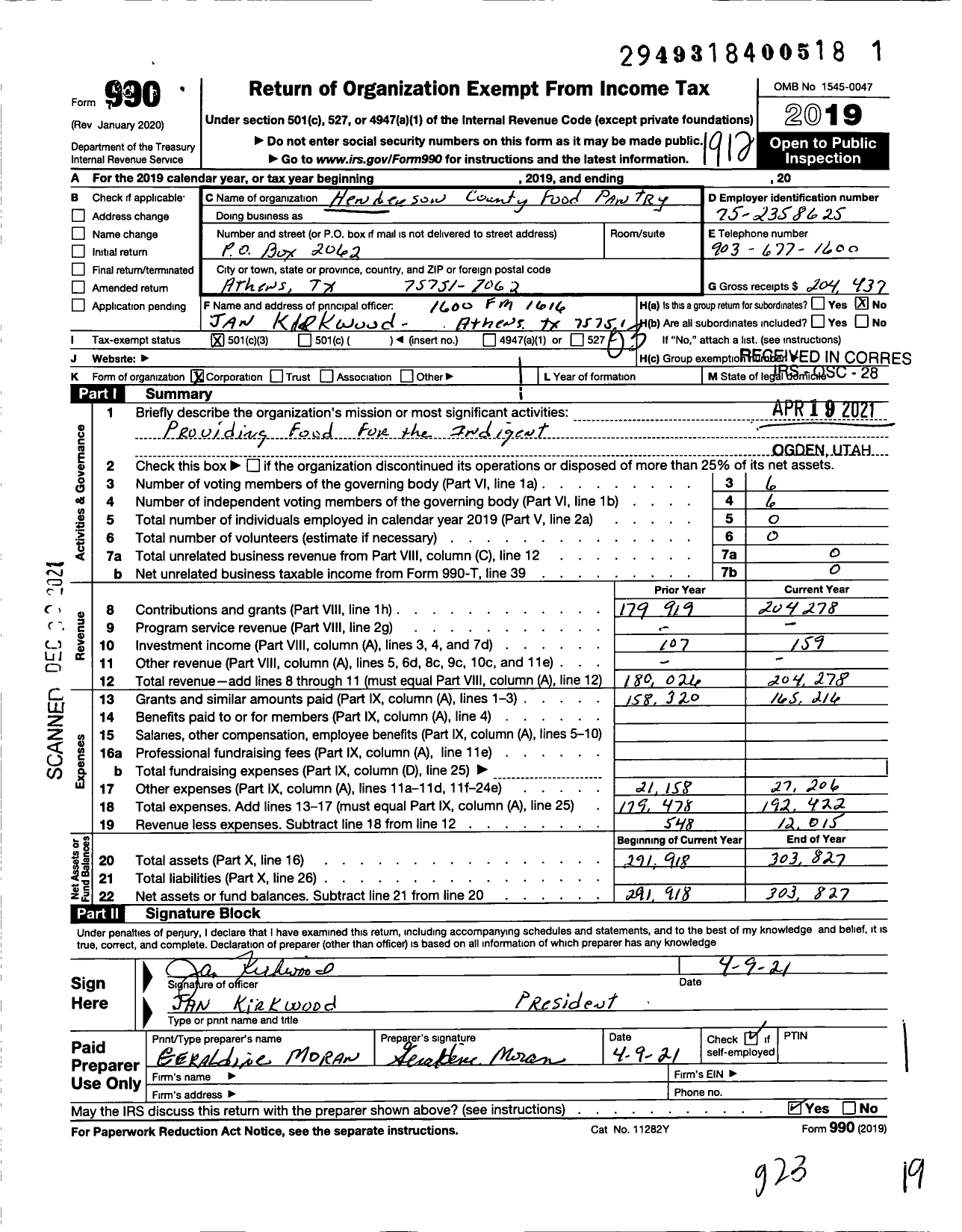 Image of first page of 2019 Form 990 for Henderson County Food Pantry