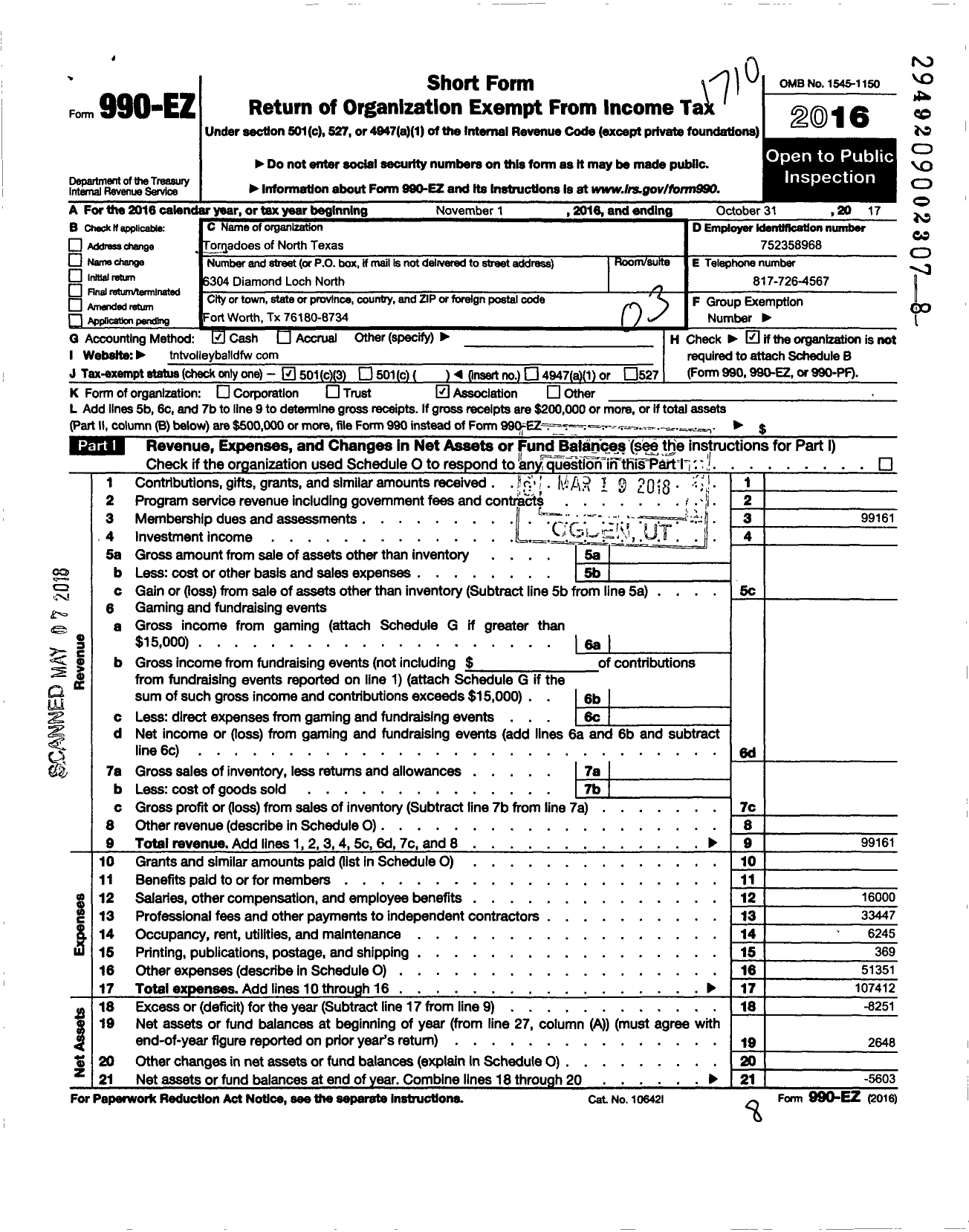 Image of first page of 2016 Form 990EZ for Tornadoes of North Texas