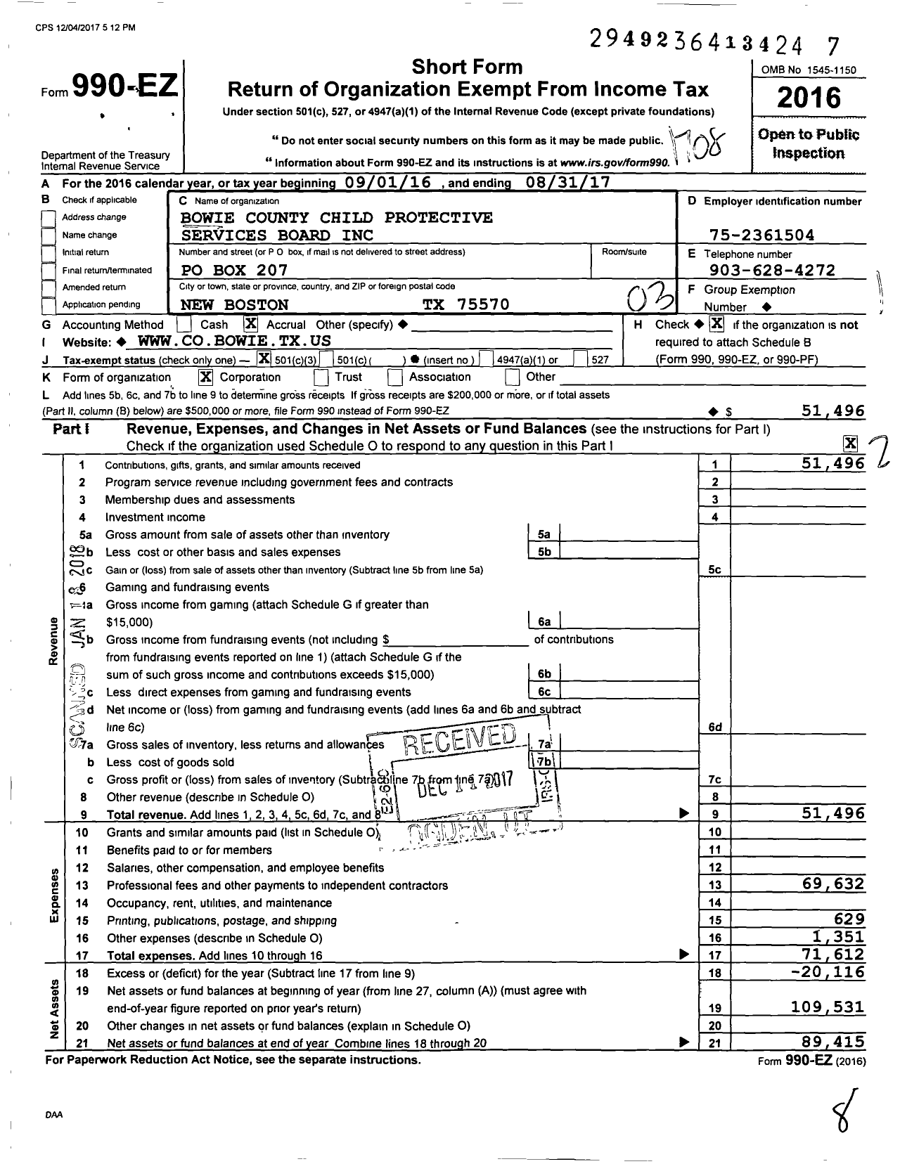 Image of first page of 2016 Form 990EZ for Bowie County Child Protective Services Board