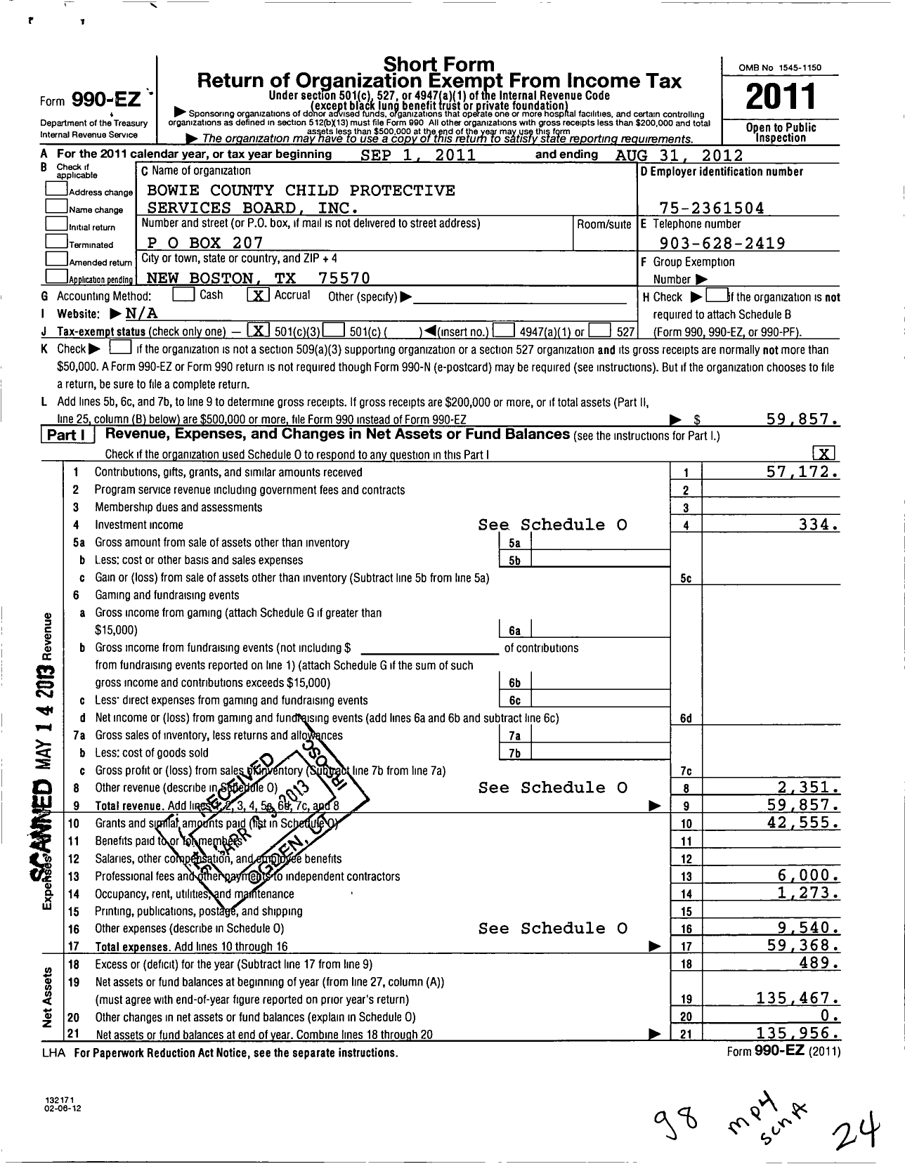 Image of first page of 2011 Form 990EZ for Bowie County Child Protective Services Board