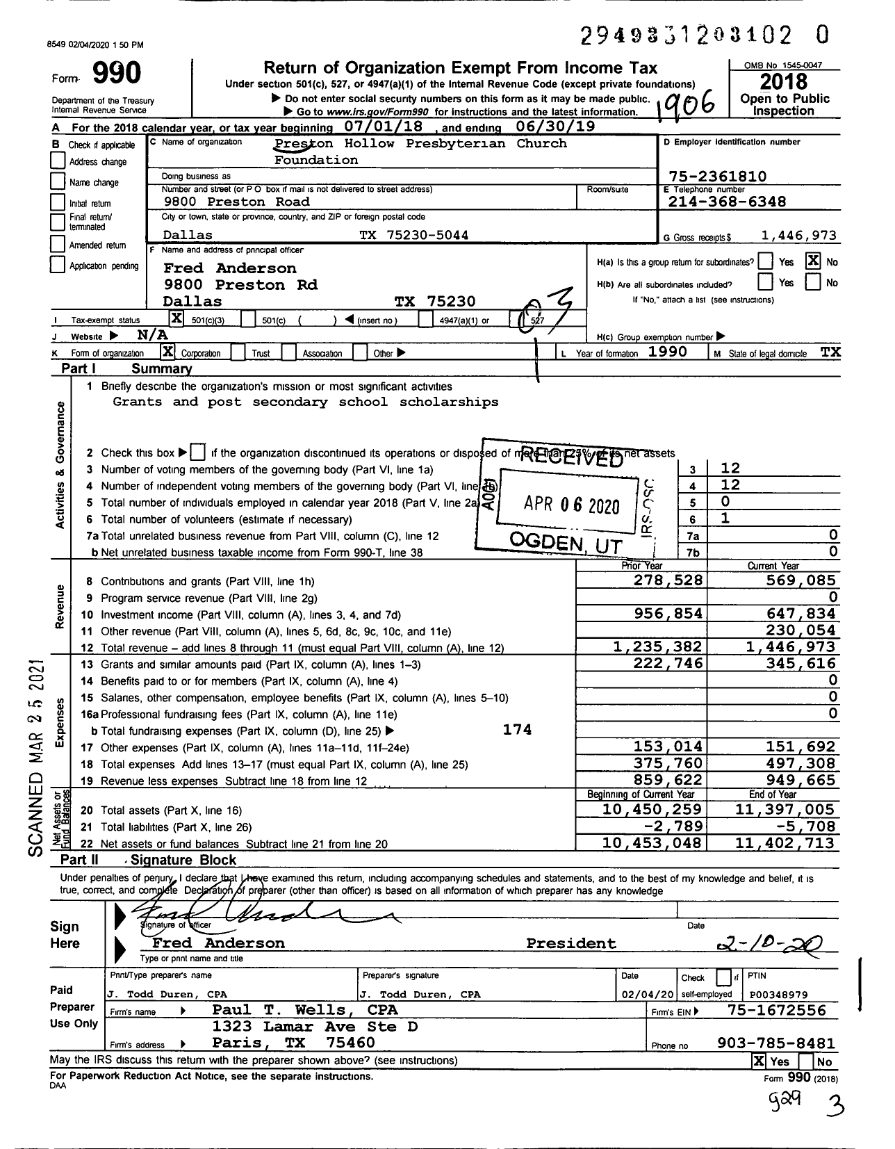 Image of first page of 2018 Form 990 for Preston Hollow Presbyterian Church Foundation