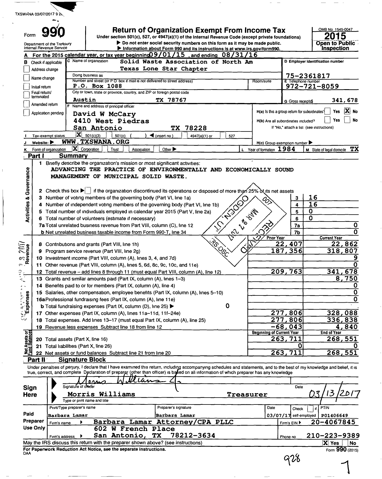 Image of first page of 2015 Form 990 for Solid Waste Association of North Am Texas Lone Star Chapter