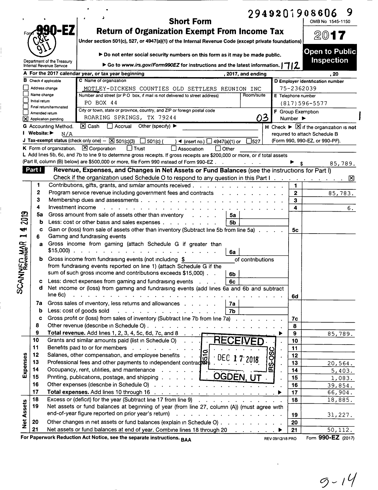 Image of first page of 2017 Form 990EZ for Motley-Dickens Counties Old Settlers Reunion