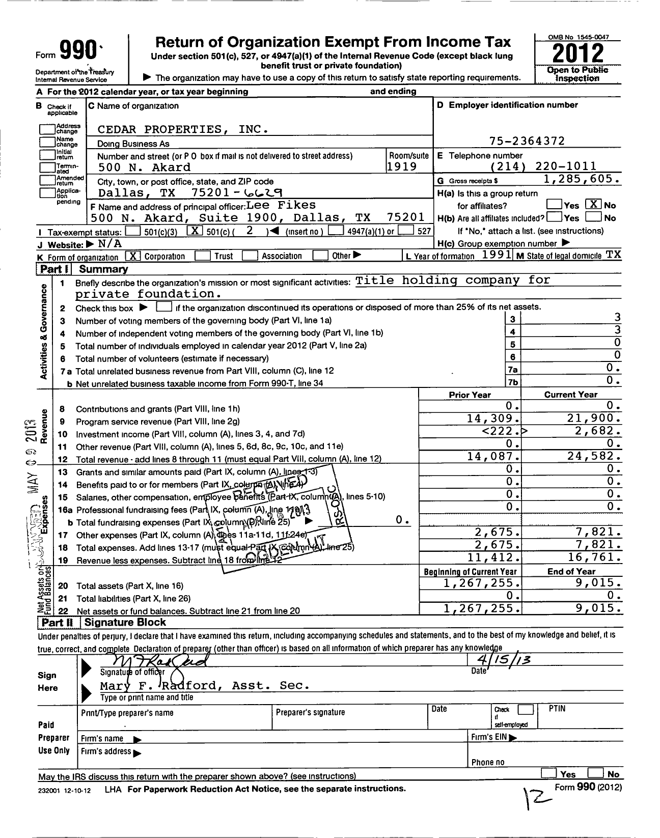 Image of first page of 2012 Form 990O for Cedar Properties