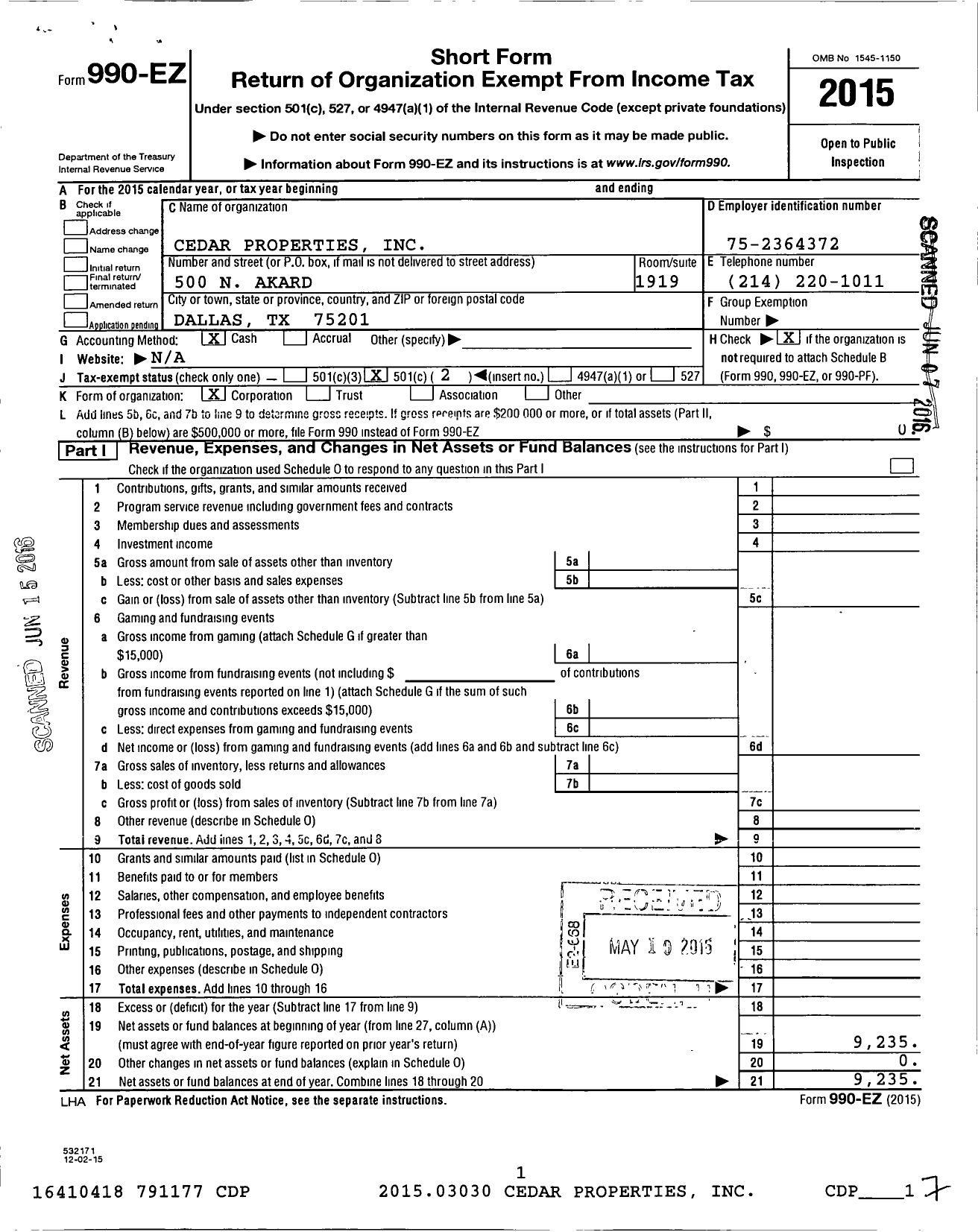 Image of first page of 2015 Form 990EO for Cedar Properties