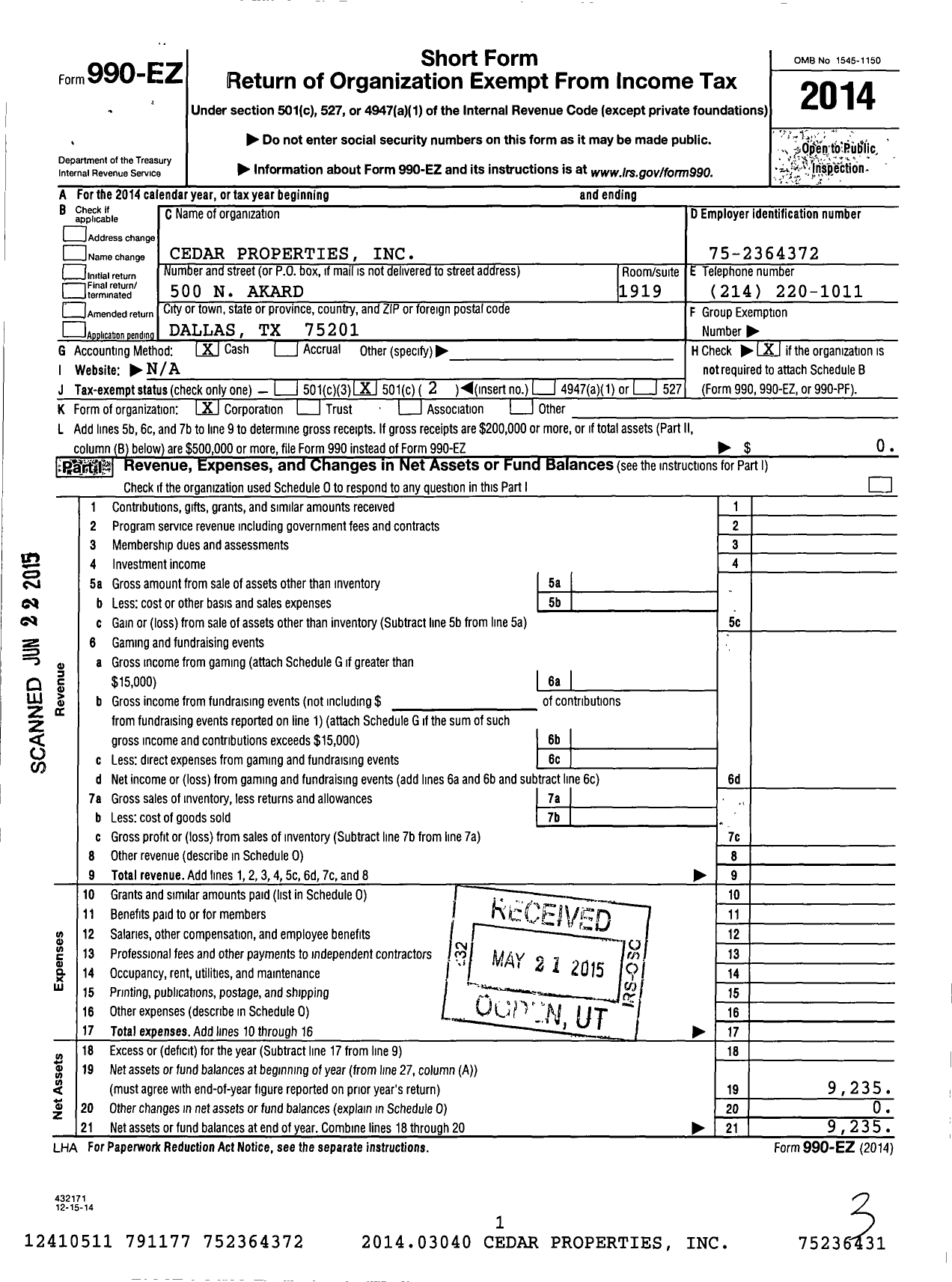 Image of first page of 2014 Form 990EO for Cedar Properties