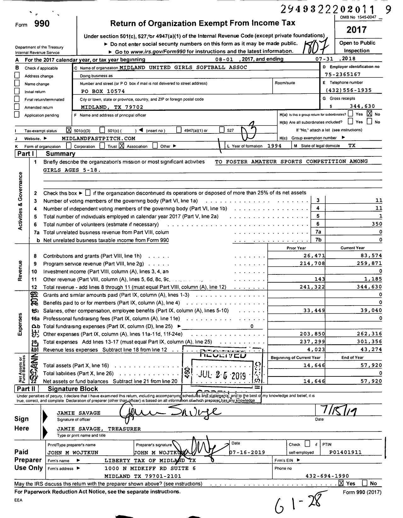 Image of first page of 2017 Form 990 for Midland United Girls Softball Association