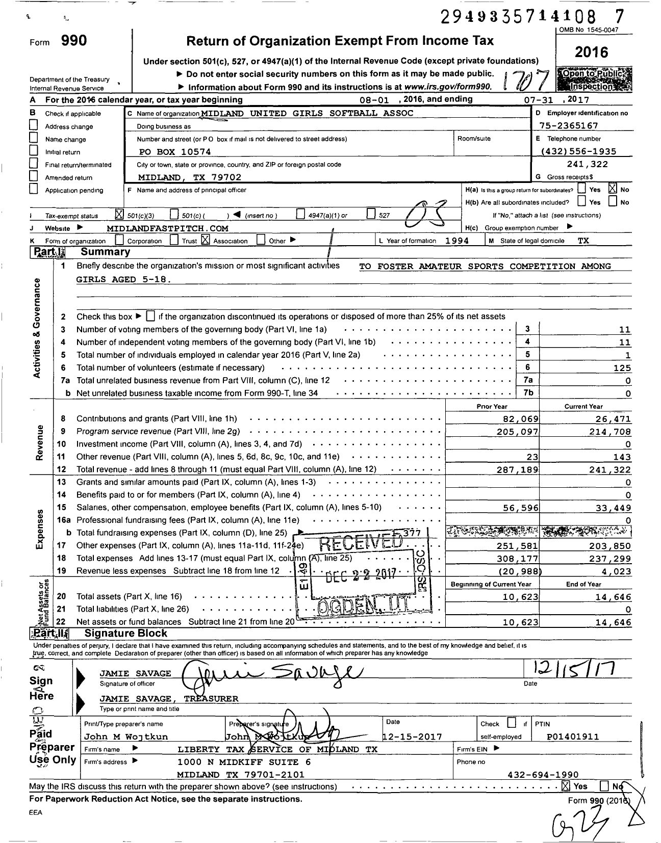 Image of first page of 2016 Form 990 for Midland United Girls Softball Association