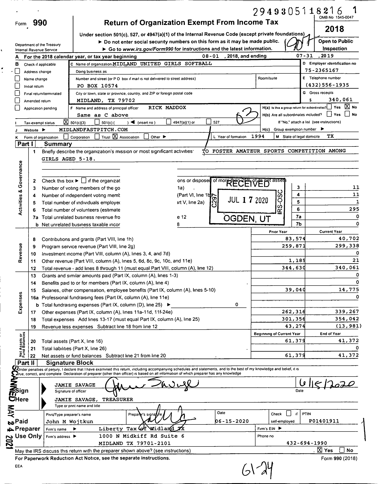 Image of first page of 2018 Form 990 for Midland United Girls Softball Association