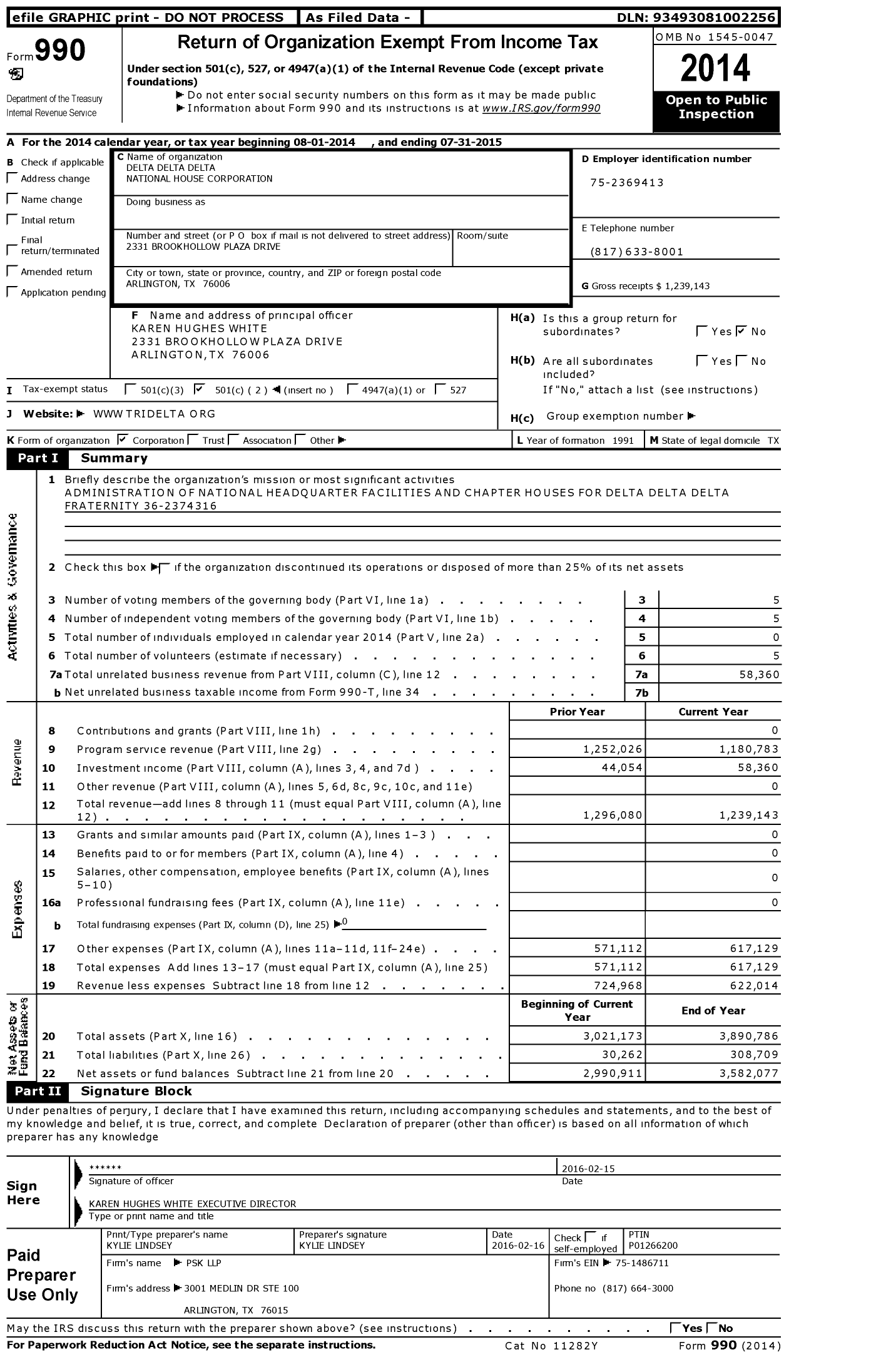 Image of first page of 2014 Form 990O for Delta Delta Delta National House Corporation