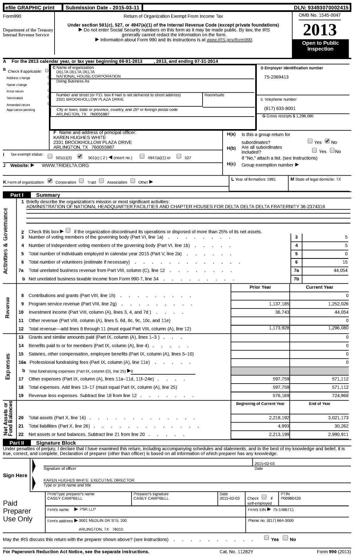 Image of first page of 2013 Form 990 for Delta Delta Delta National House Corporation