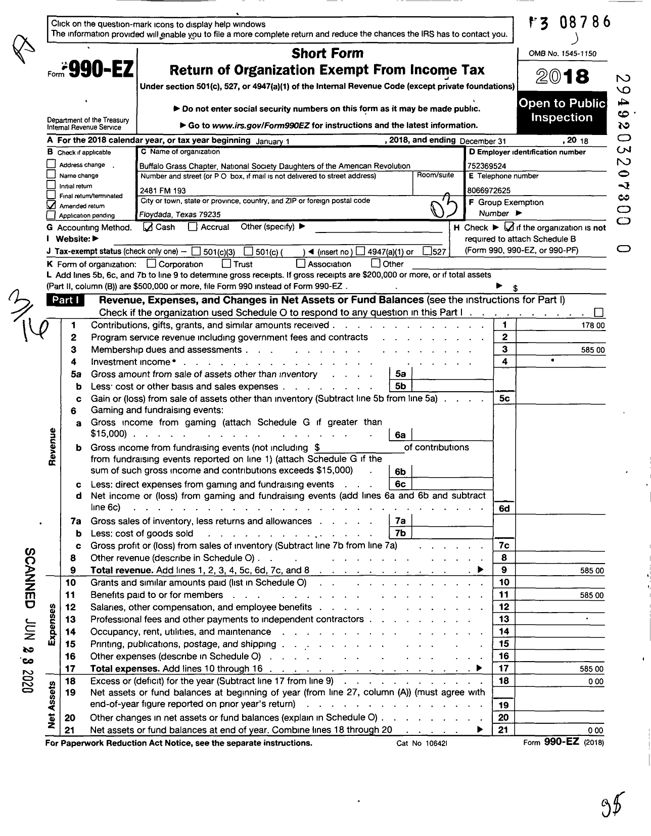 Image of first page of 2018 Form 990EZ for Daughters of the American Revolution - Buffalo Grass Dar