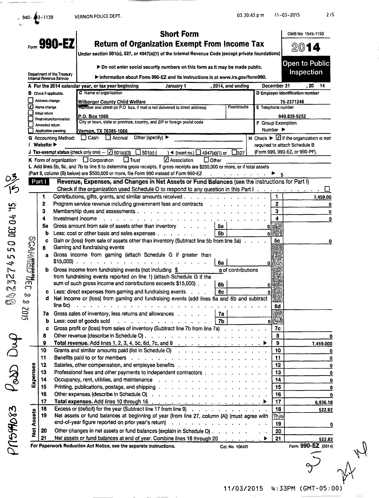 Image of first page of 2014 Form 990EZ for Wilbarger County Child Welfare Board