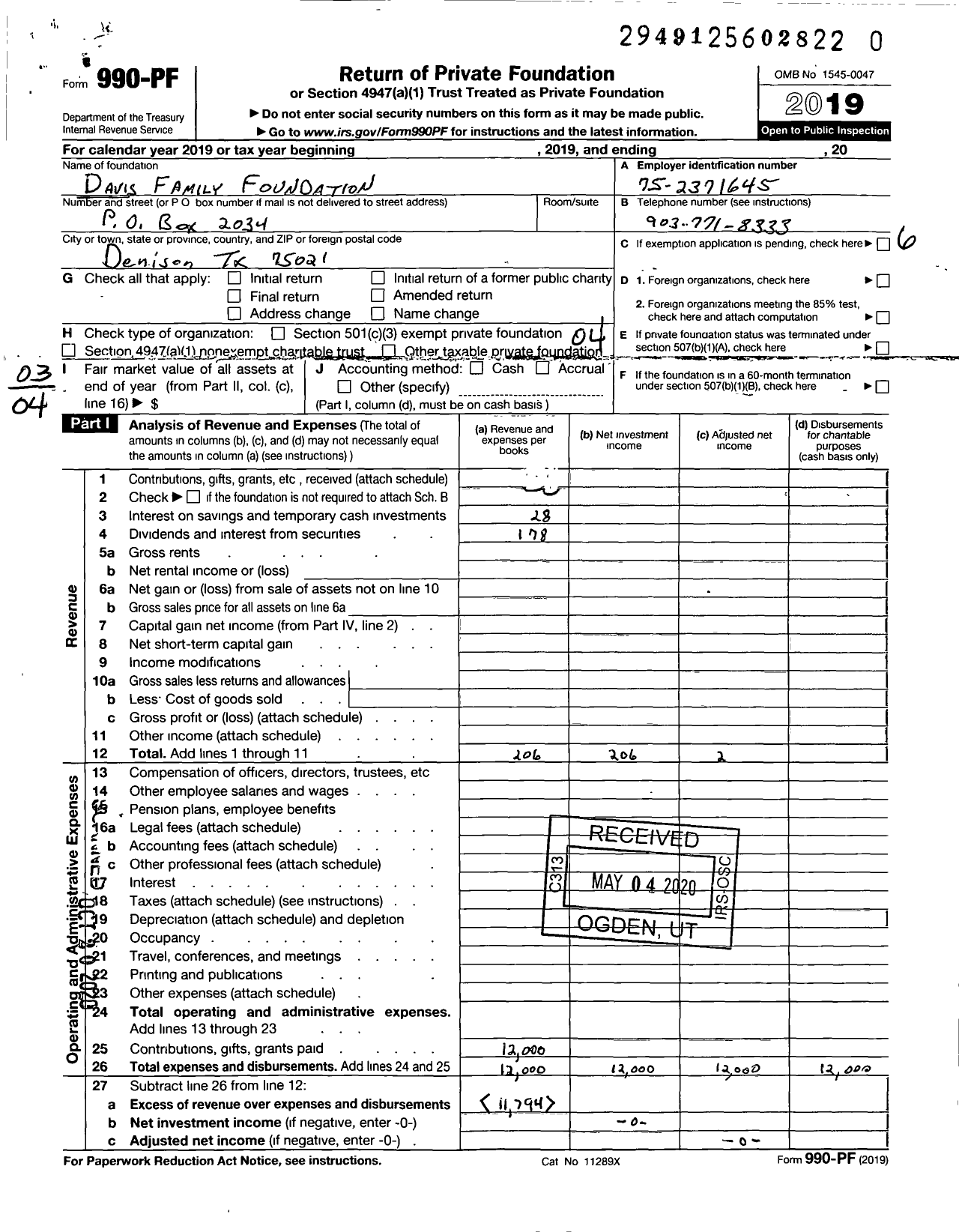 Image of first page of 2019 Form 990PR for Davis Family Foundation