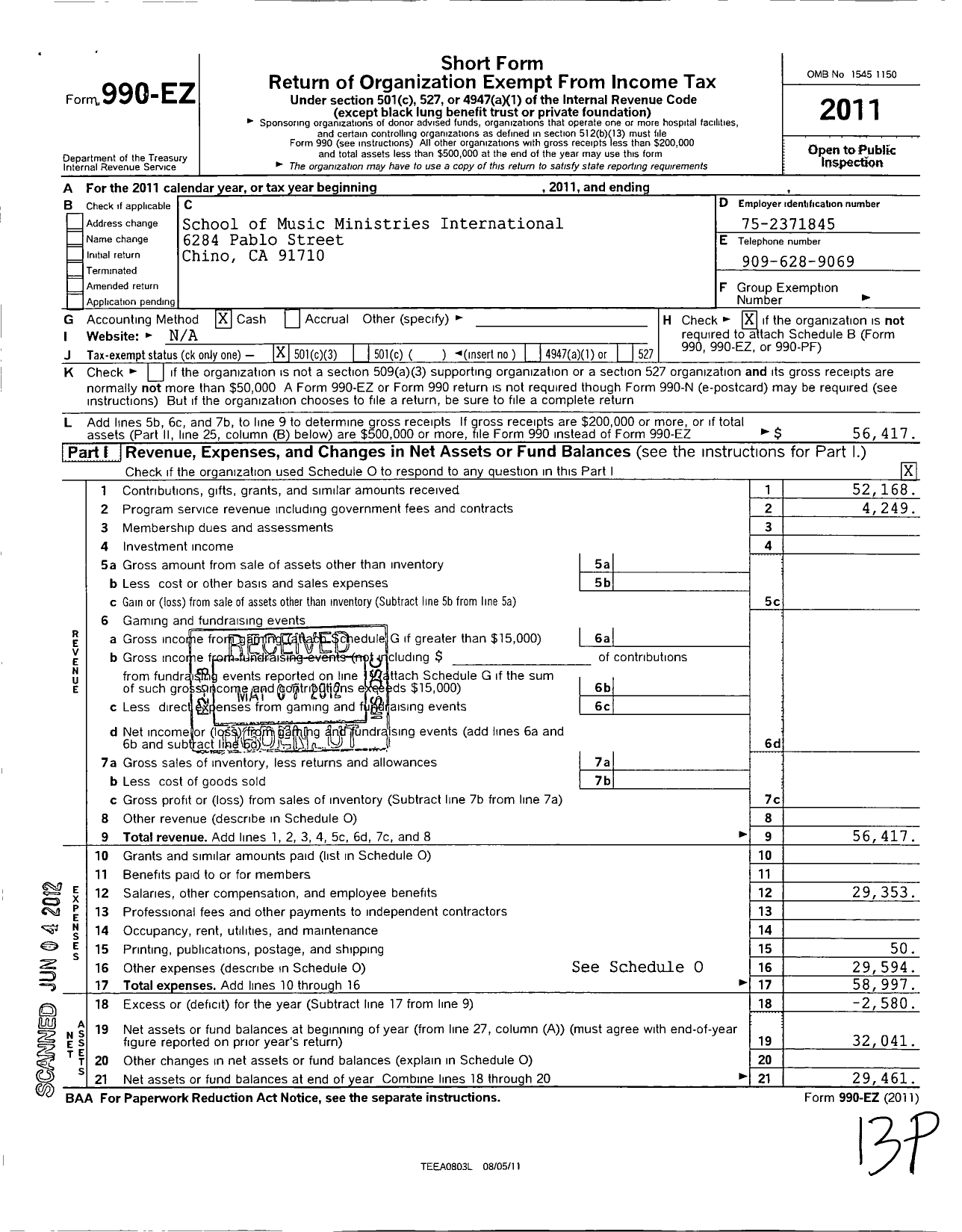 Image of first page of 2011 Form 990EZ for School of Music Ministries International