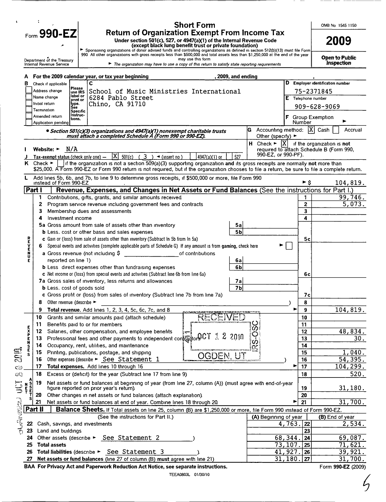 Image of first page of 2009 Form 990EZ for School of Music Ministries International