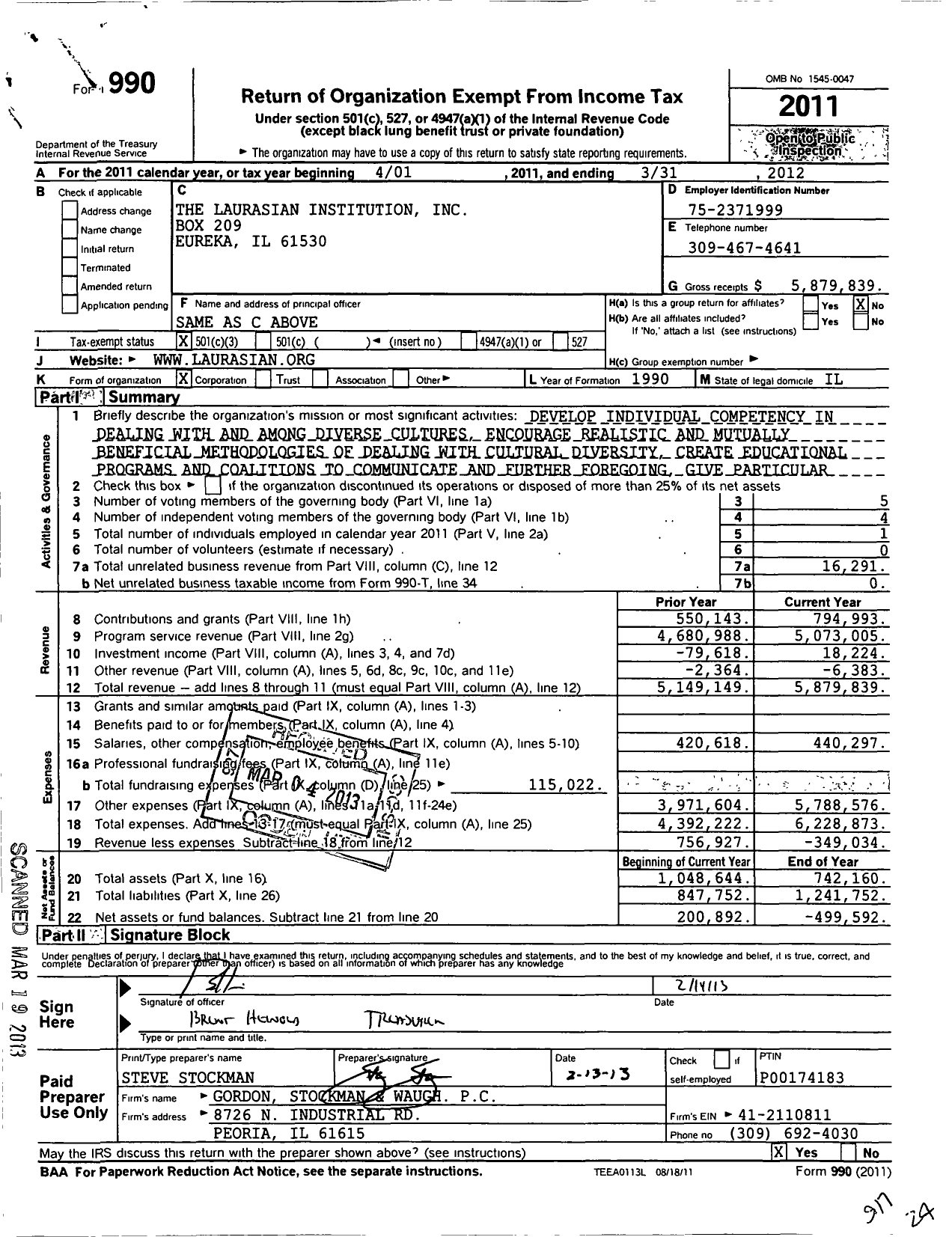 Image of first page of 2011 Form 990 for The Laurasian Institution