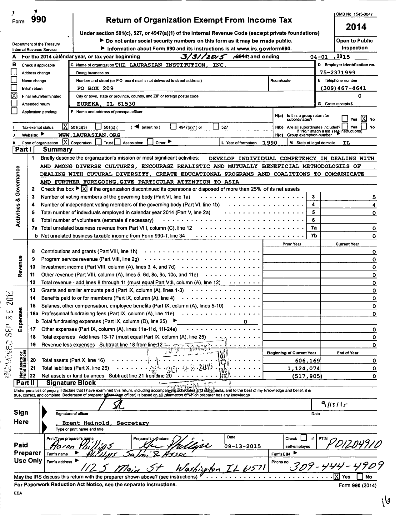 Image of first page of 2014 Form 990 for The Laurasian Institution