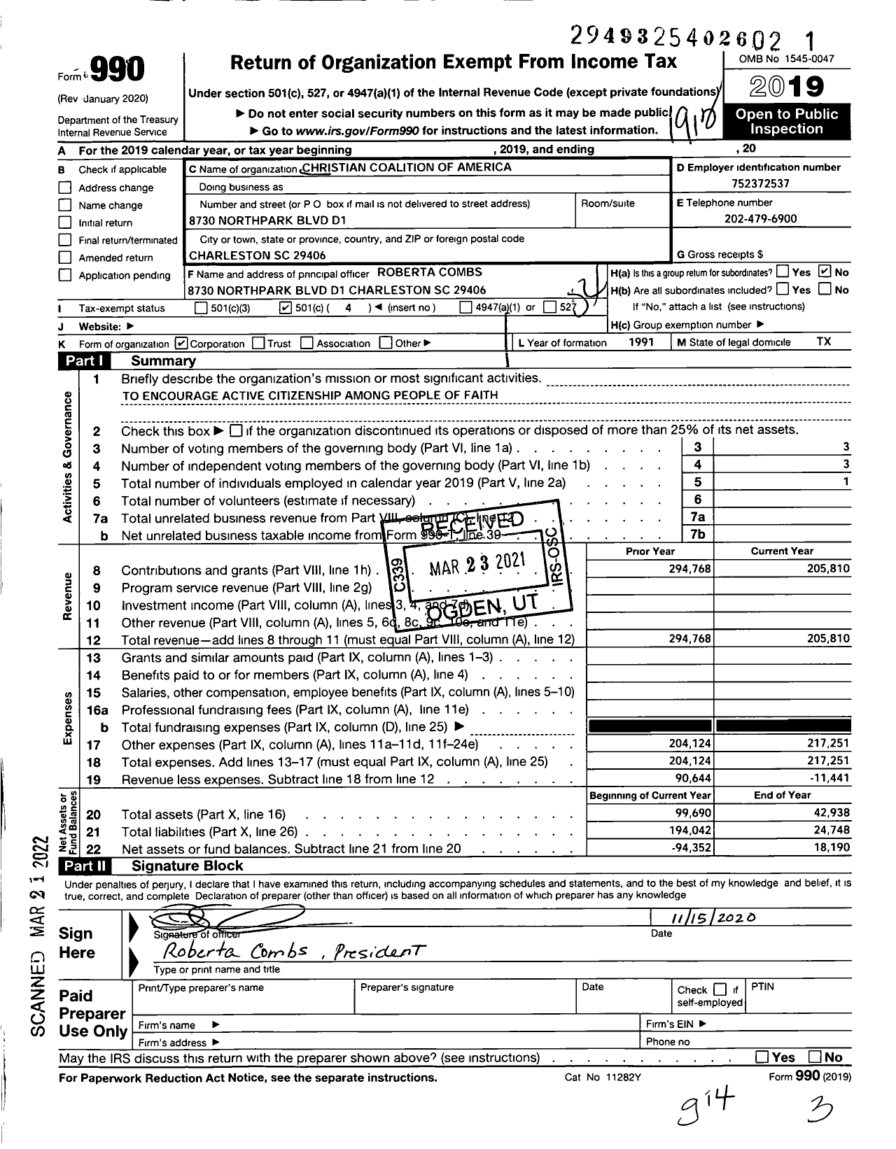 Image of first page of 2019 Form 990O for Christian Coalition of America