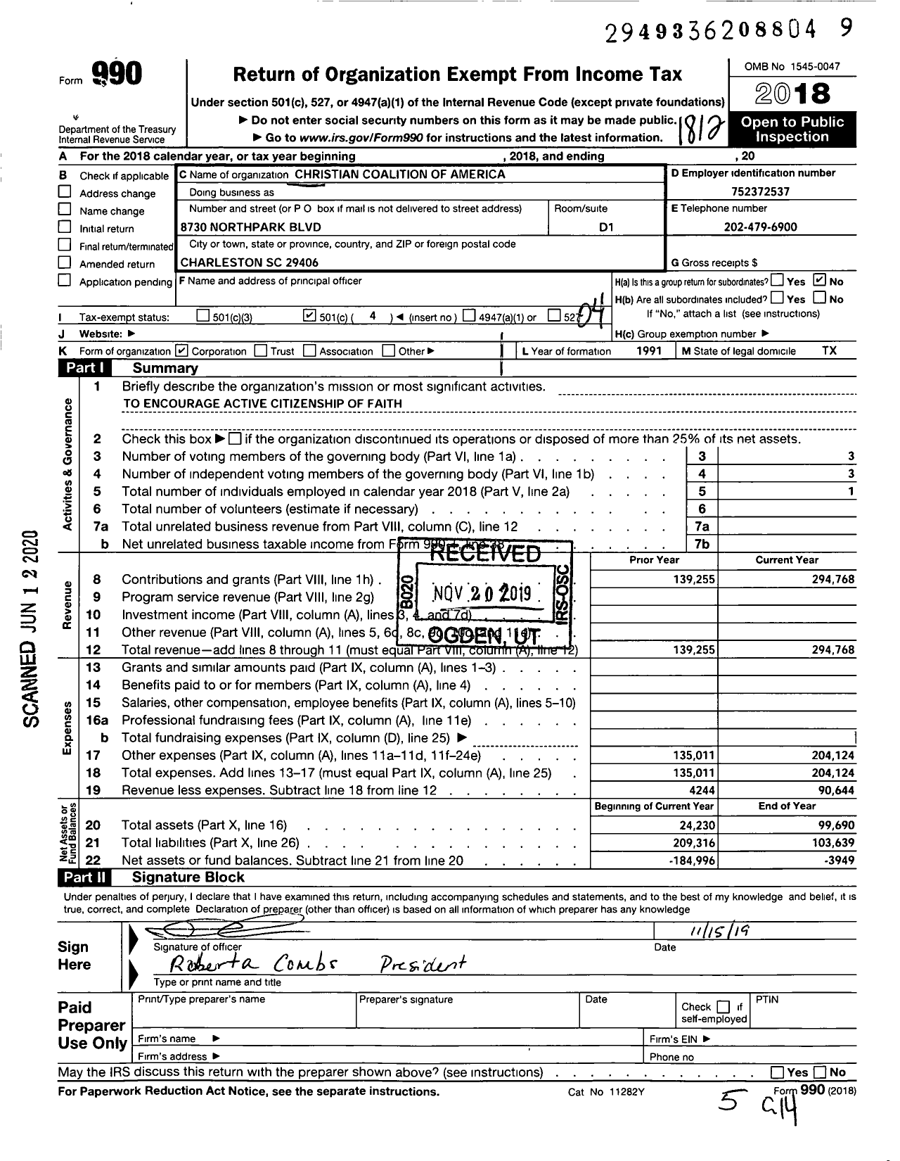 Image of first page of 2018 Form 990O for Christian Coalition of America