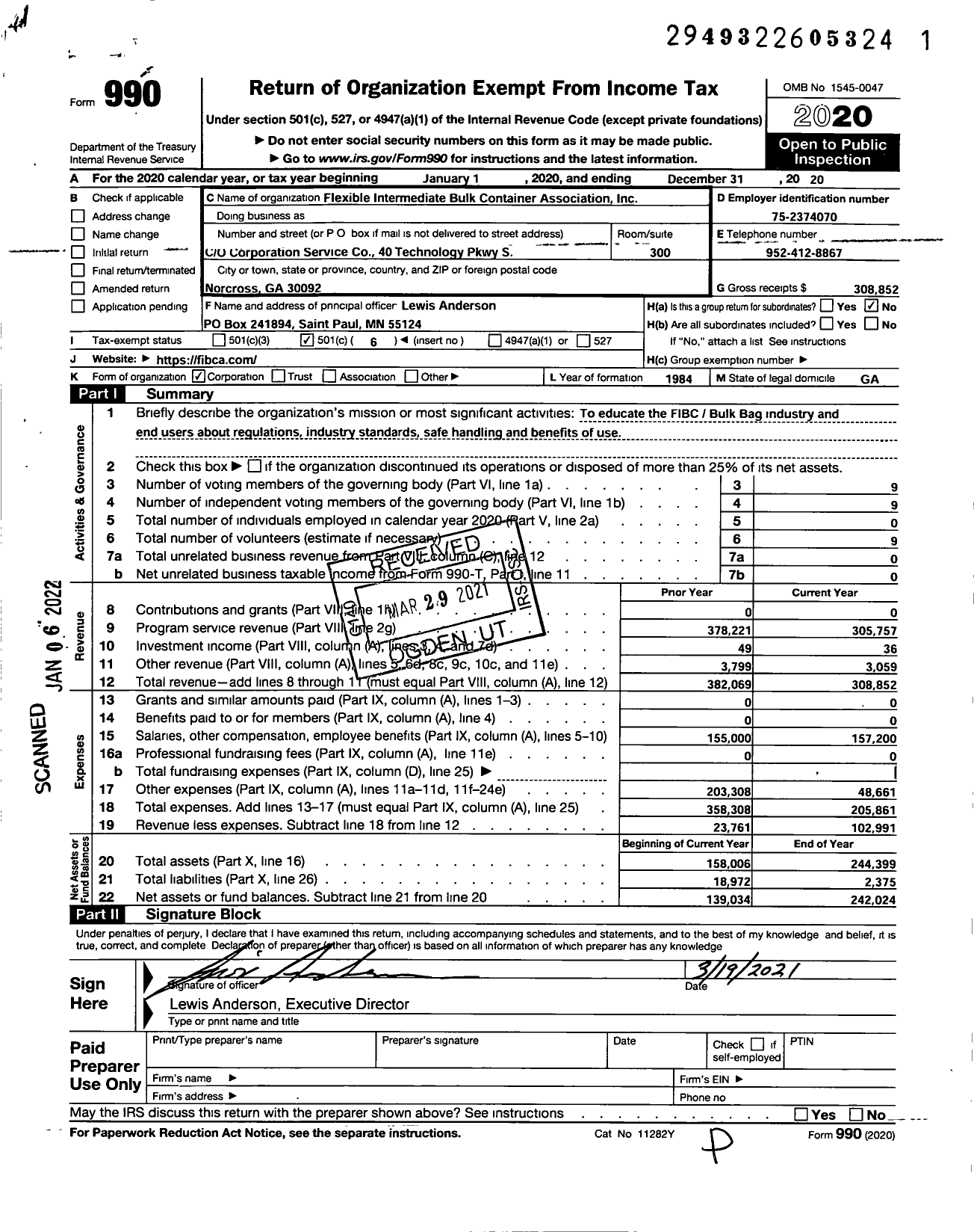 Image of first page of 2020 Form 990O for Flexible Intermediate Bulk Container Association