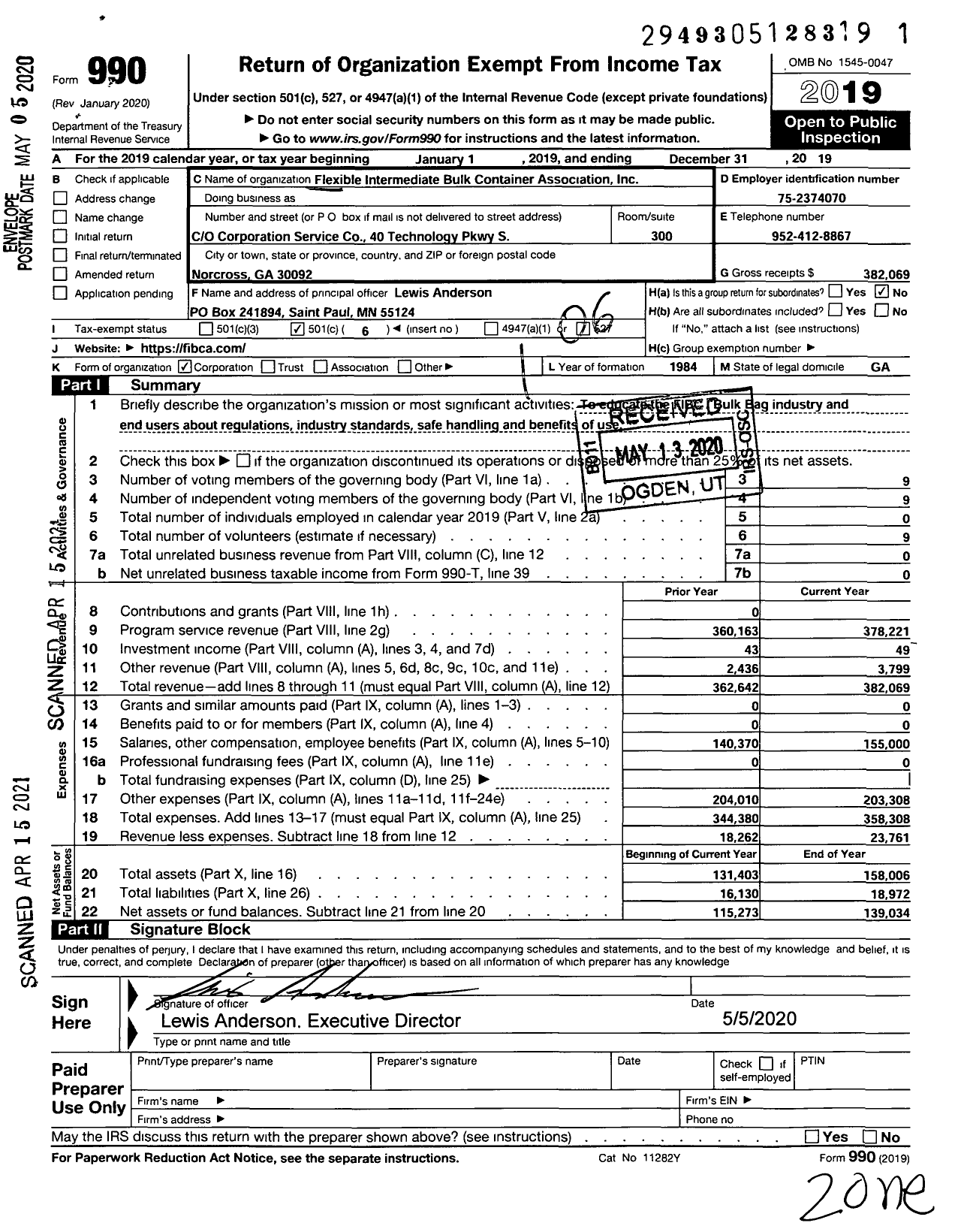 Image of first page of 2019 Form 990O for Flexible Intermediate Bulk Container Association