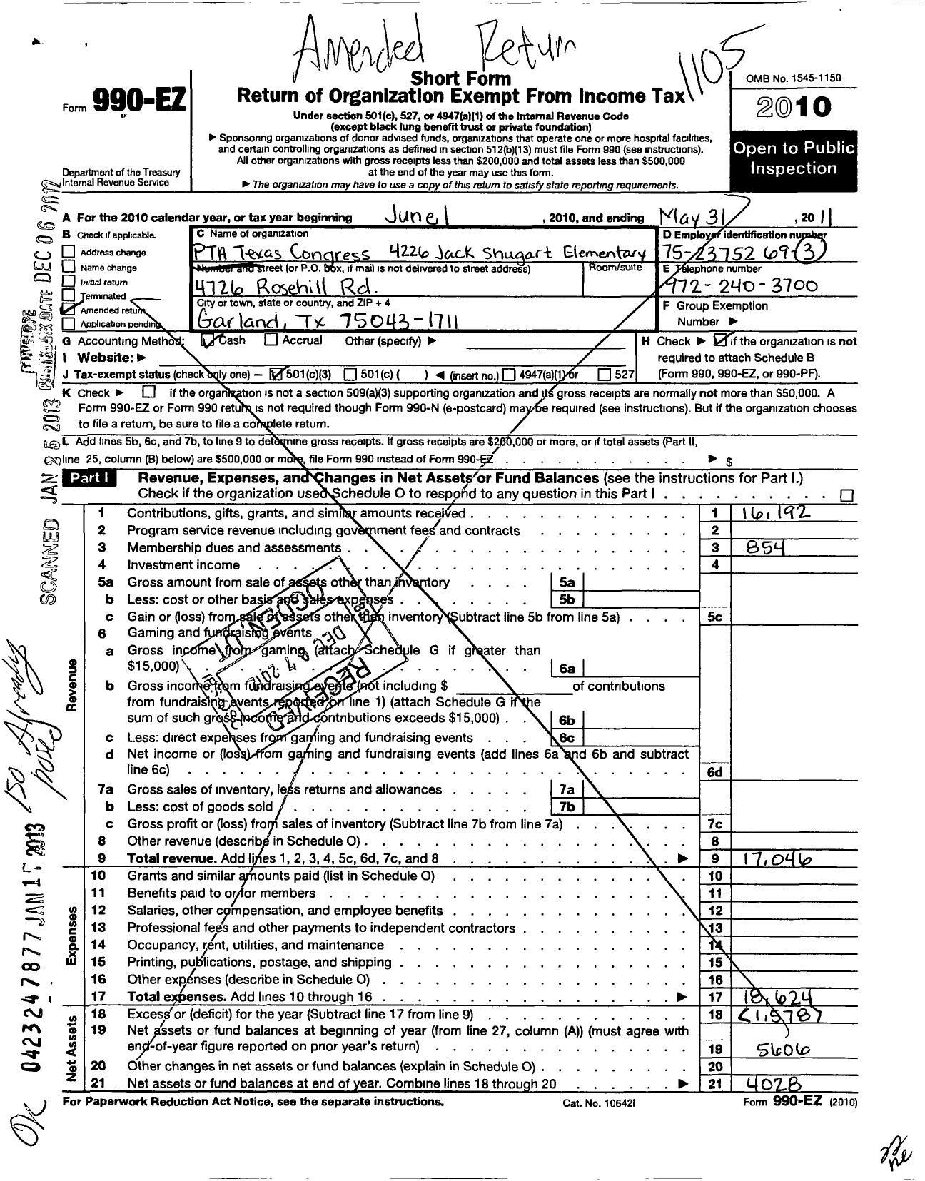 Image of first page of 2010 Form 990EZ for Texas PTA - 4226 Jack Shugart Elementary