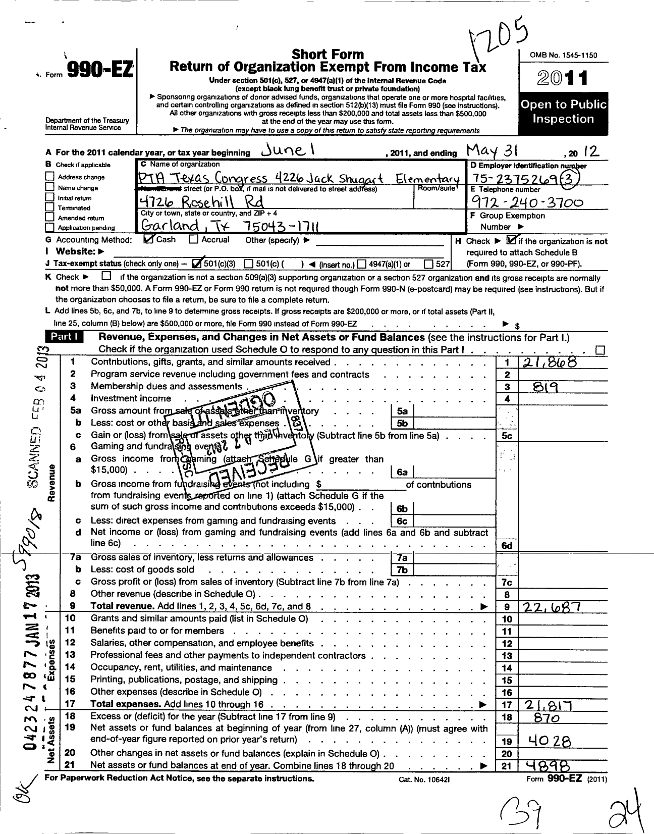 Image of first page of 2011 Form 990EZ for Texas PTA - 4226 Jack Shugart Elementary