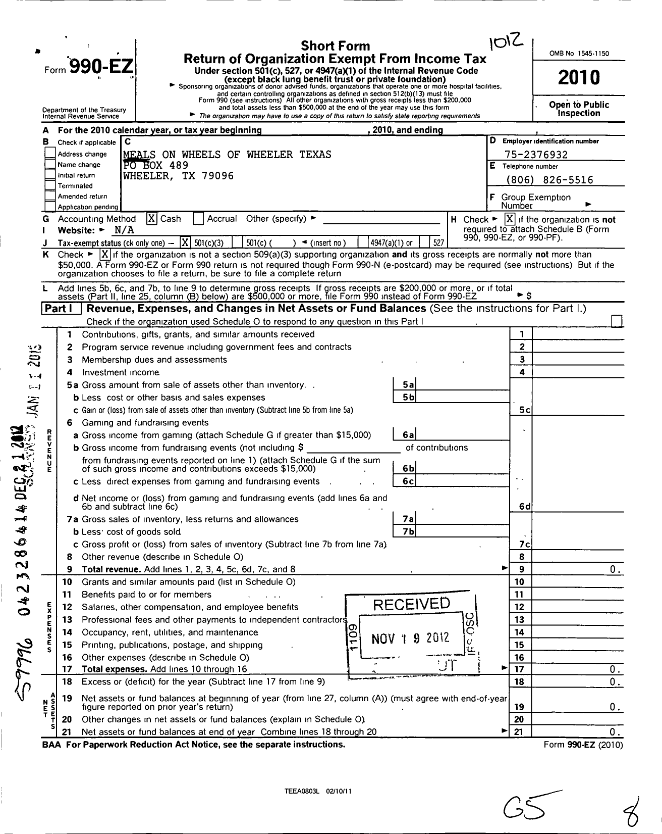 Image of first page of 2010 Form 990EZ for Meals on Wheels of Wheeler Texas