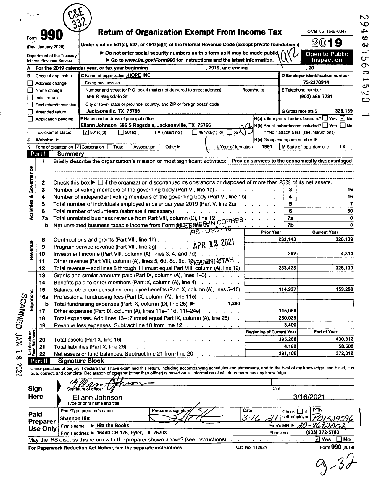 Image of first page of 2019 Form 990 for Hope