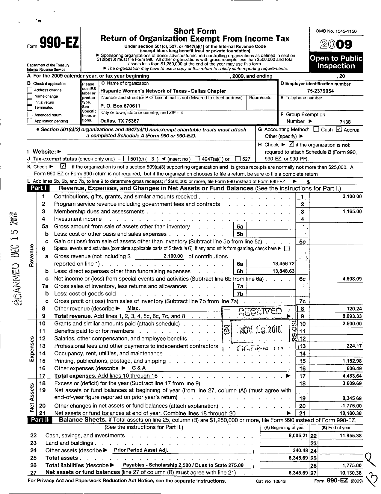 Image of first page of 2009 Form 990EZ for Hispanic Womens Network of Texas / Dallas