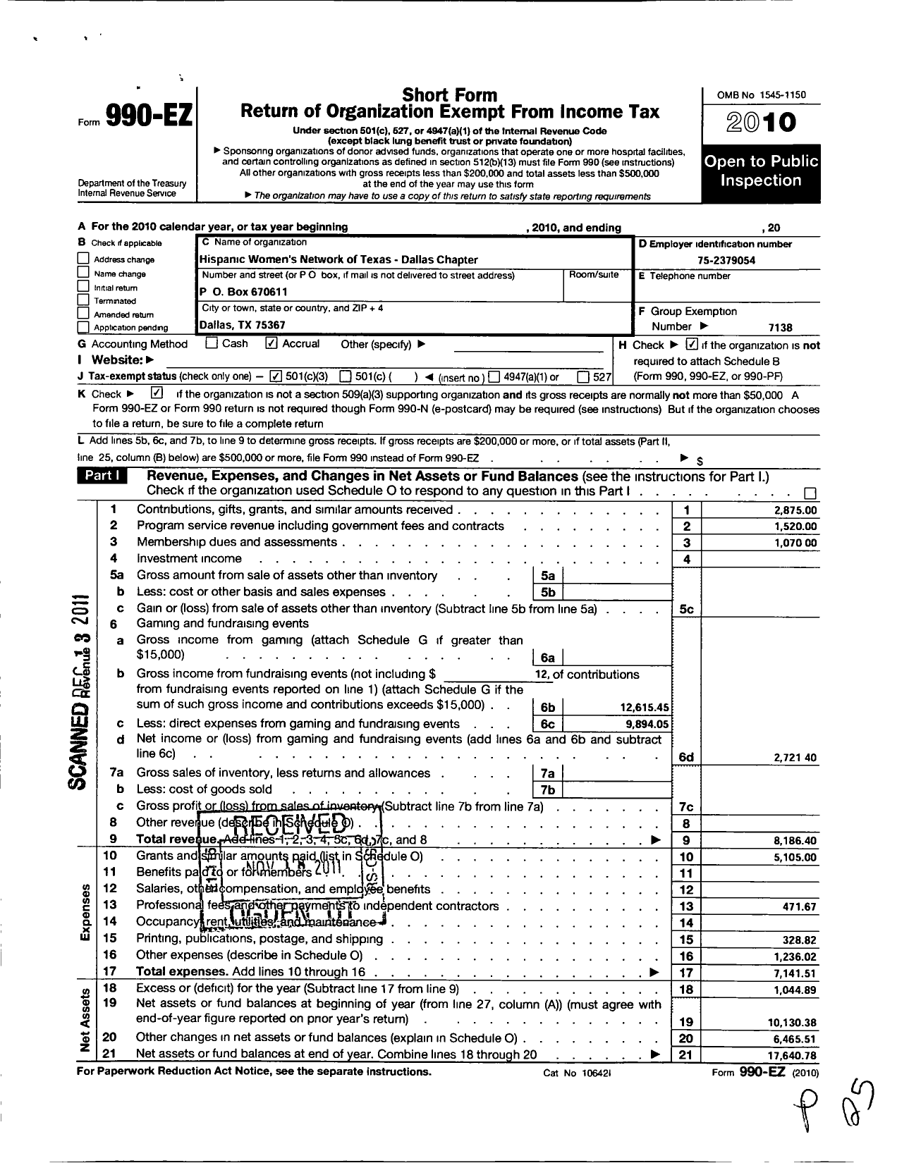 Image of first page of 2010 Form 990EZ for Hispanic Womens Network of Texas / Dallas