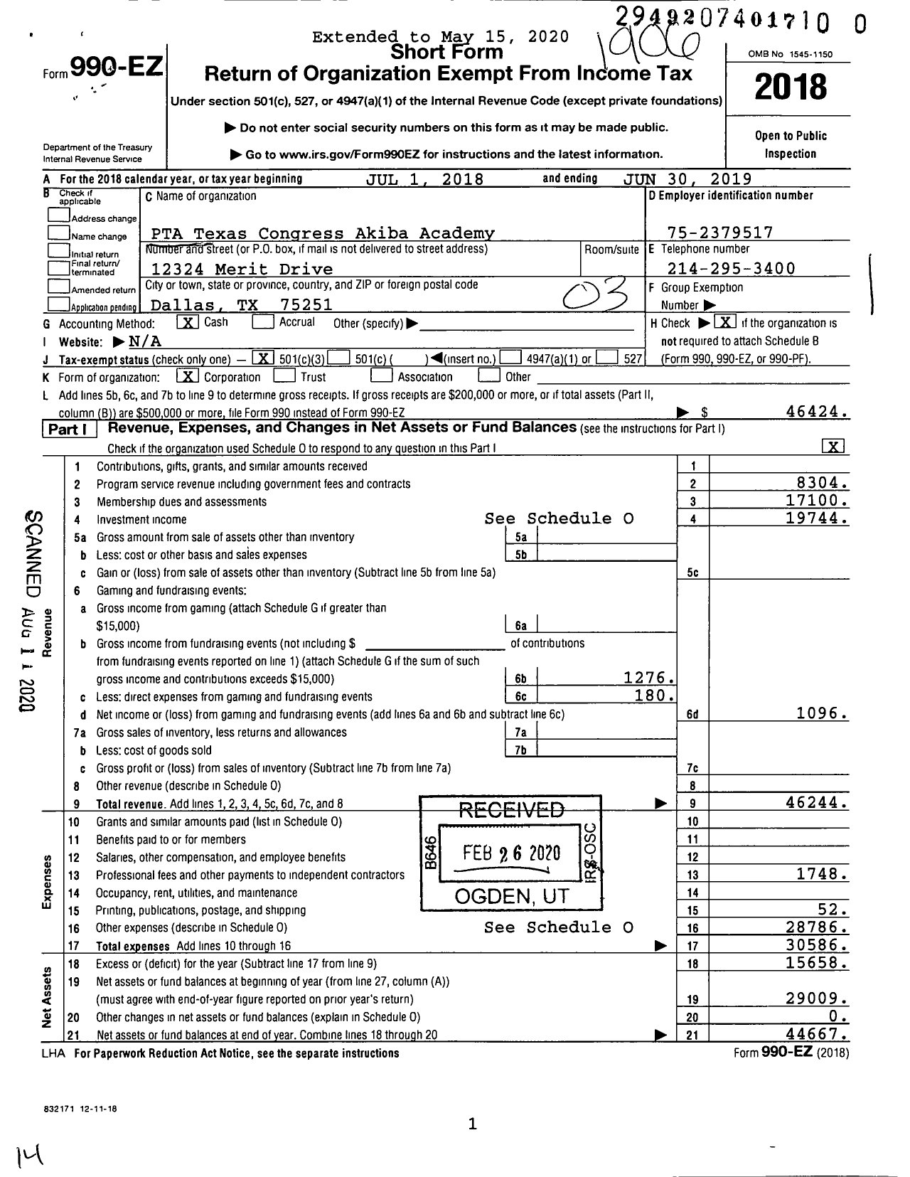 Image of first page of 2018 Form 990EZ for PTA Texas Congress Akiba Academy