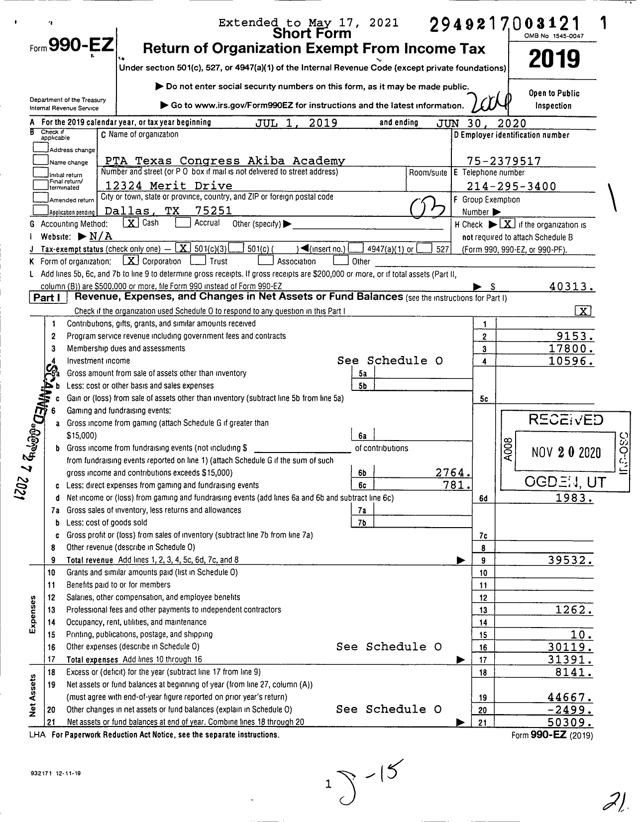 Image of first page of 2019 Form 990EZ for PTA Texas Congress Akiba Academy
