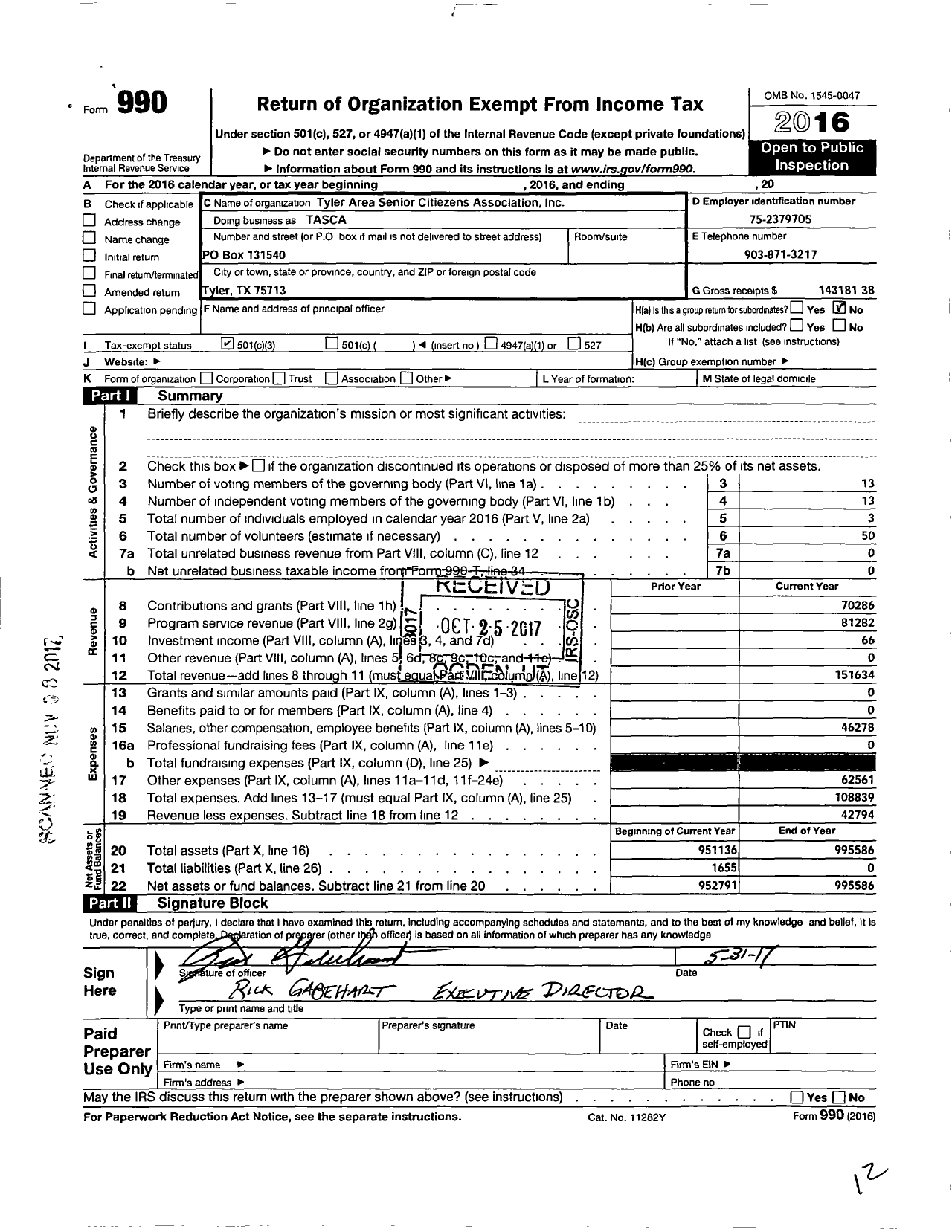 Image of first page of 2016 Form 990 for Tyler Area Senior Citizens Association (TASCA)