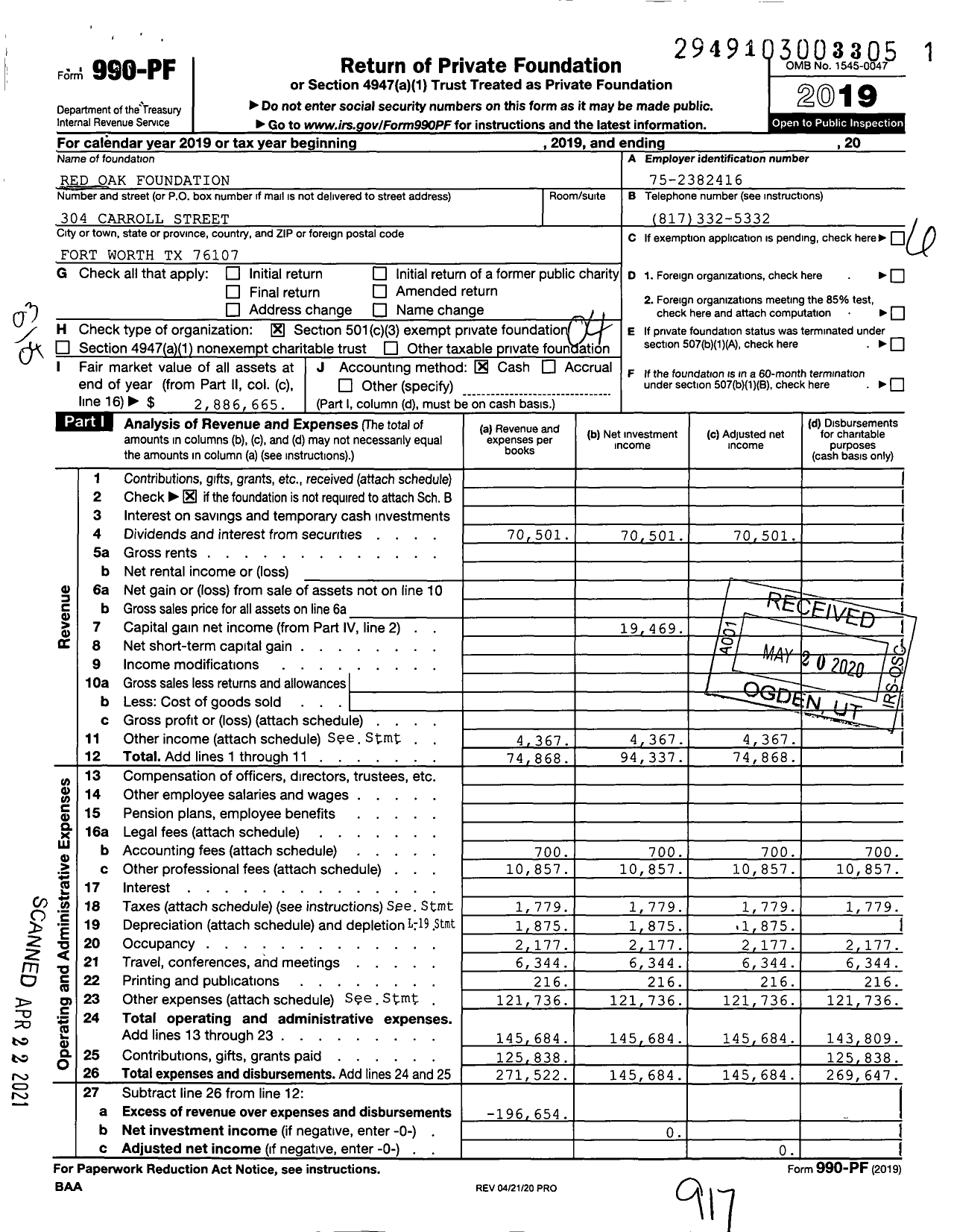 Image of first page of 2019 Form 990PF for Red Oak Foundation