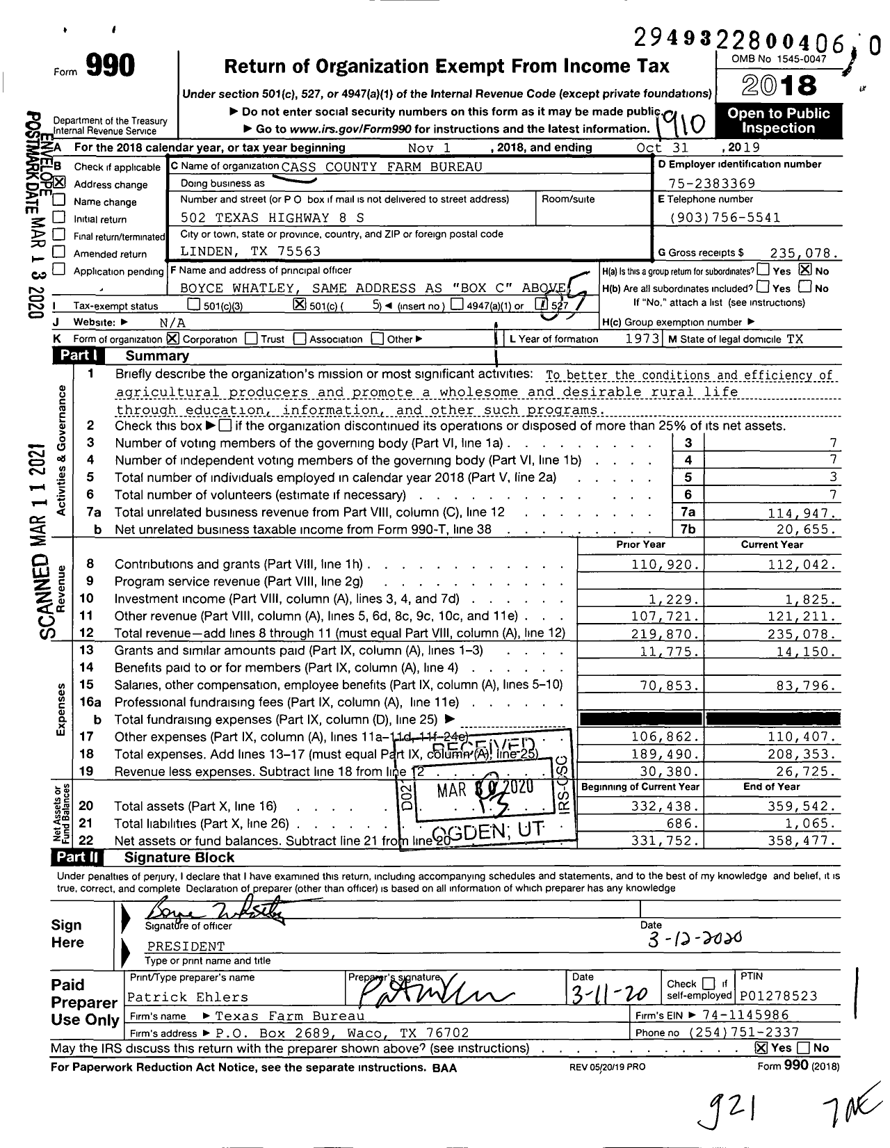 Image of first page of 2018 Form 990O for Cass County Farm Bureau