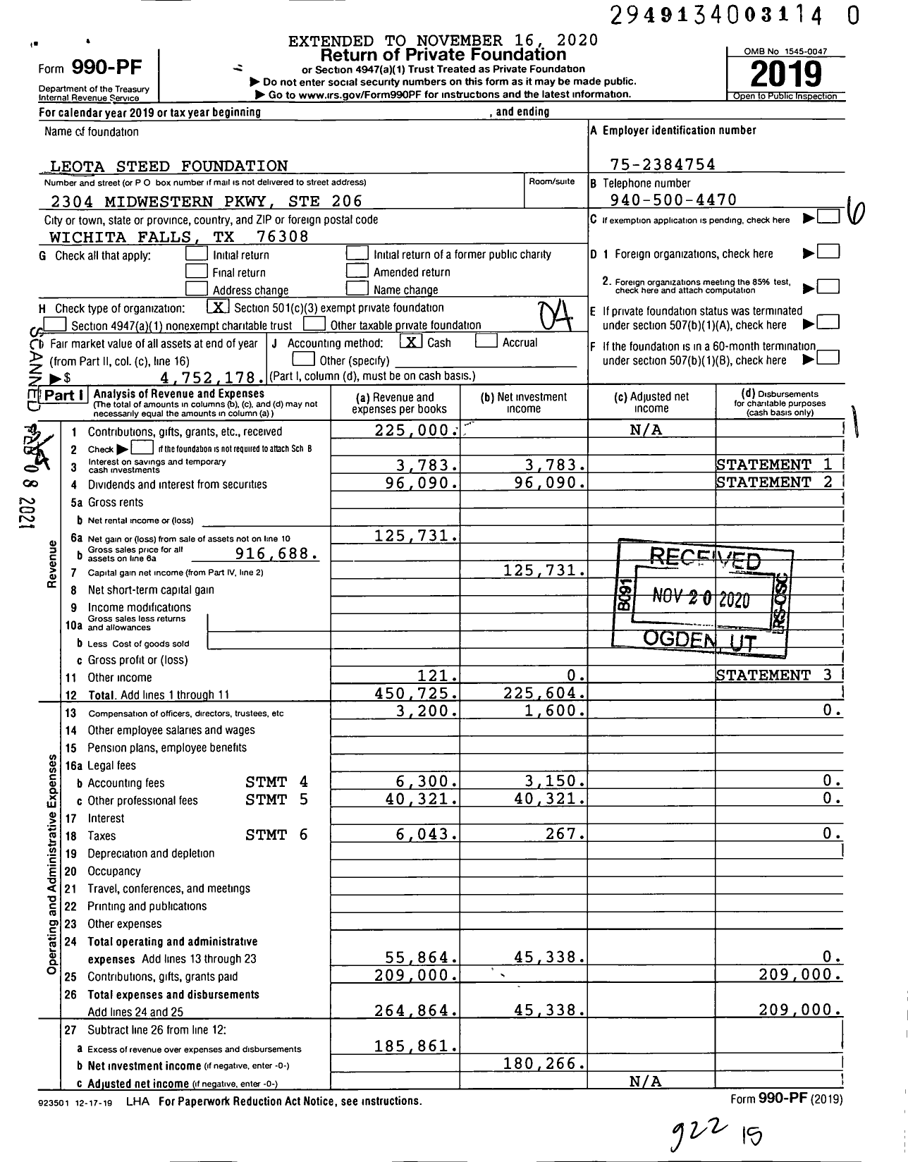 Image of first page of 2019 Form 990PF for Leota Steed Foundation