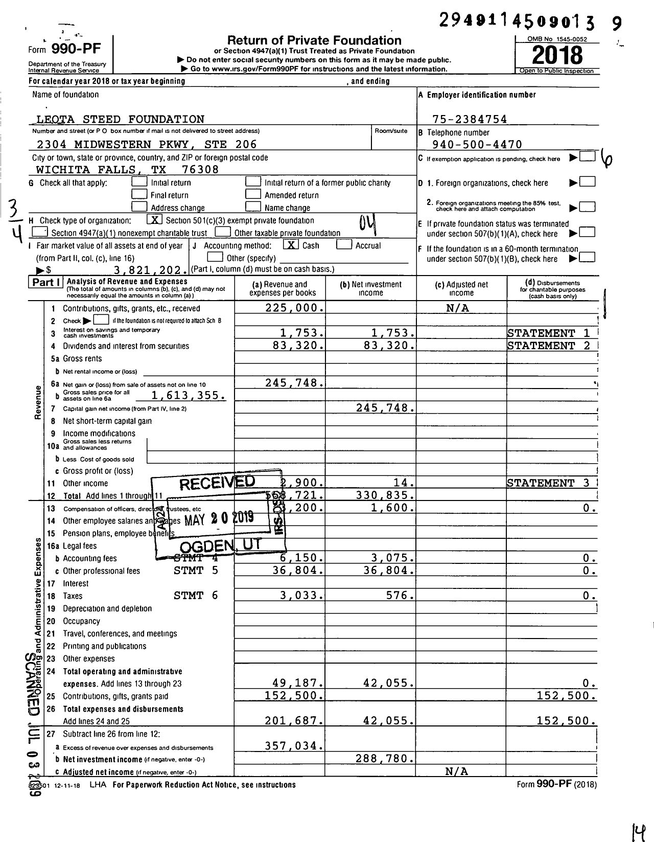 Image of first page of 2018 Form 990PF for Leota Steed Foundation